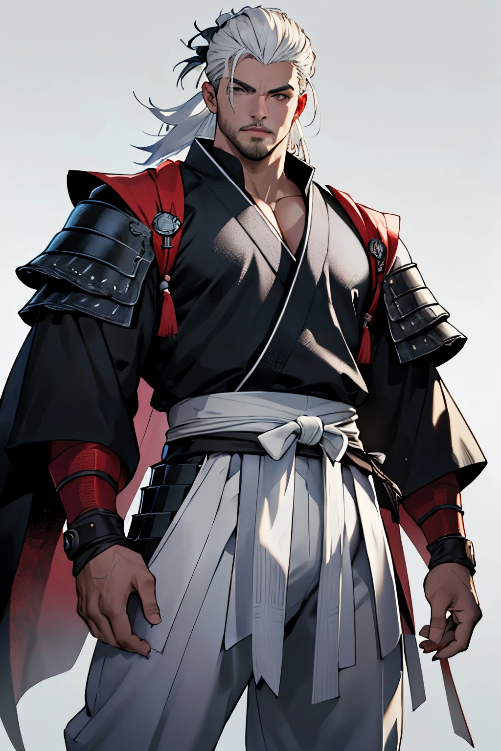 ((melhor qualidade)), ((obra de arte)), (detalhado), rosto perfeito, um samurai masculino, ((cabelos longos branco)), vestindo um quimono meio branco meio preto, Standing pose