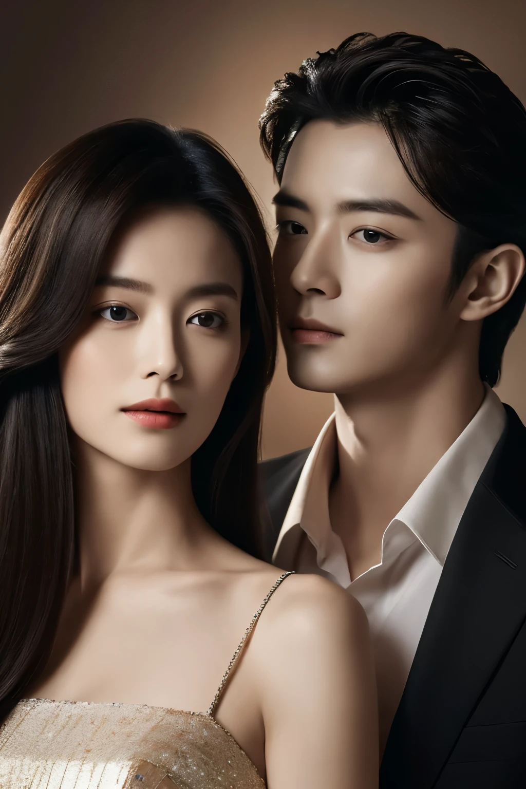 Best quality, masterpiece, ultra high res, (photorealistic: 1.4), raw photo, elegant couple, handsome and beautiful, dark hair. bright color