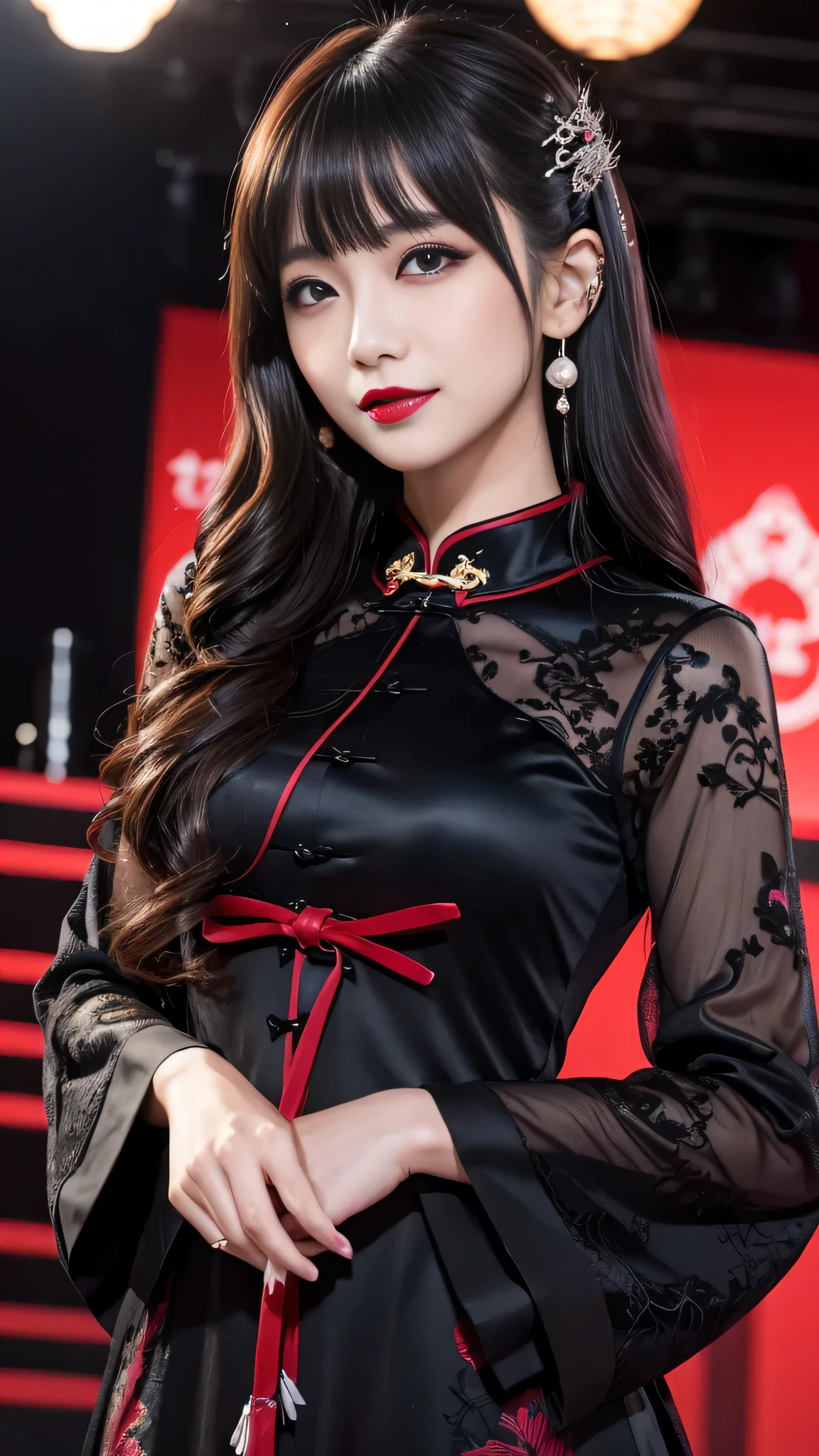 Super detailed、Japanese、charming beauty、seductive adult woman、Beautiful woman、sharp eyes、cool girl、wavy hair、flowing bangs、long black cheongsam、wide sleeve、evilの幹部、evil depravity、brainwashing、Mind control、apply lipstick、grin、evilな表情、evil、empty eyes、evil、stage、vampire、vampire、Hypnosia makeup brush