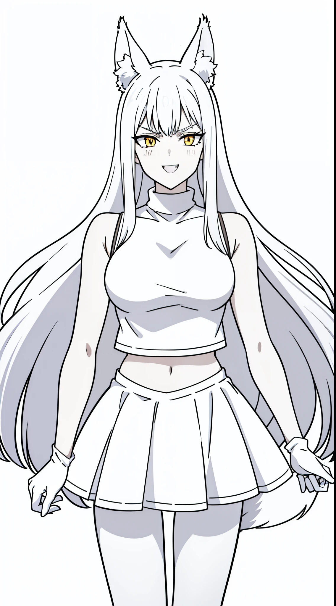 (1girl,mature female,tall),solo,white hair,fox ears,(white background,line drawing),upper body,white tank top,white school skirt,white high pantyhose,turtleneck,white long gloves,(bare belly),long hair,angry,smile,sharp teeth