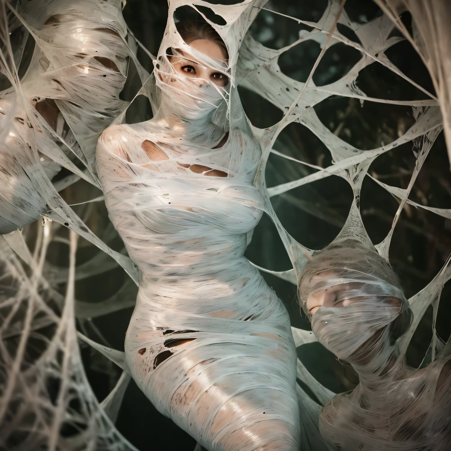 1girl,web covered with dew, dimly lit, eerie atmosphere, dark colors, dusty chalkboard, old desks and chairs, broken windows, torn textbooks, abandoned spider's nest, 2 students in the background studying diligently, rays of sunlight filtering through the cracks. (best quality, highres), (realistic:1.37), oil painting, dramatic lighting, muted tones. (cocoon:1.3)