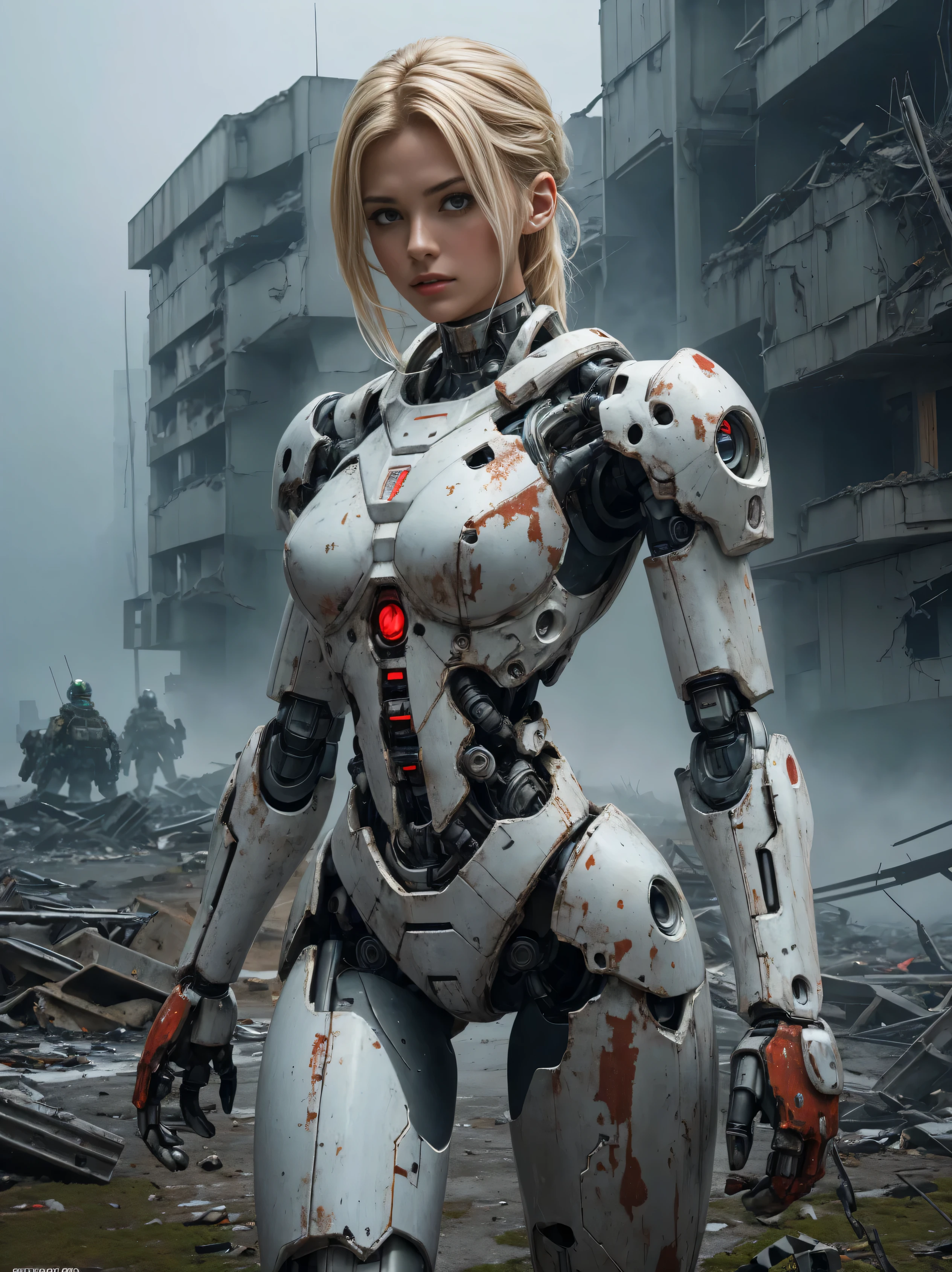 ((masterpiece, highest quality, Highest image quality, High resolution, photorealistic, Raw photo, 8K)), Abandoned robot soldier on battlefield, broken and immobile, rust and moss showing passage of time, female cyborg body, Blonde, female body, biomechanical , extra detailed body, blowjob white mech, white biomechanical details, detailed body, shiny white armor, cybernetic body, eva unit-00 on back, full body details, destroyed city in the background, destroyed street, fog