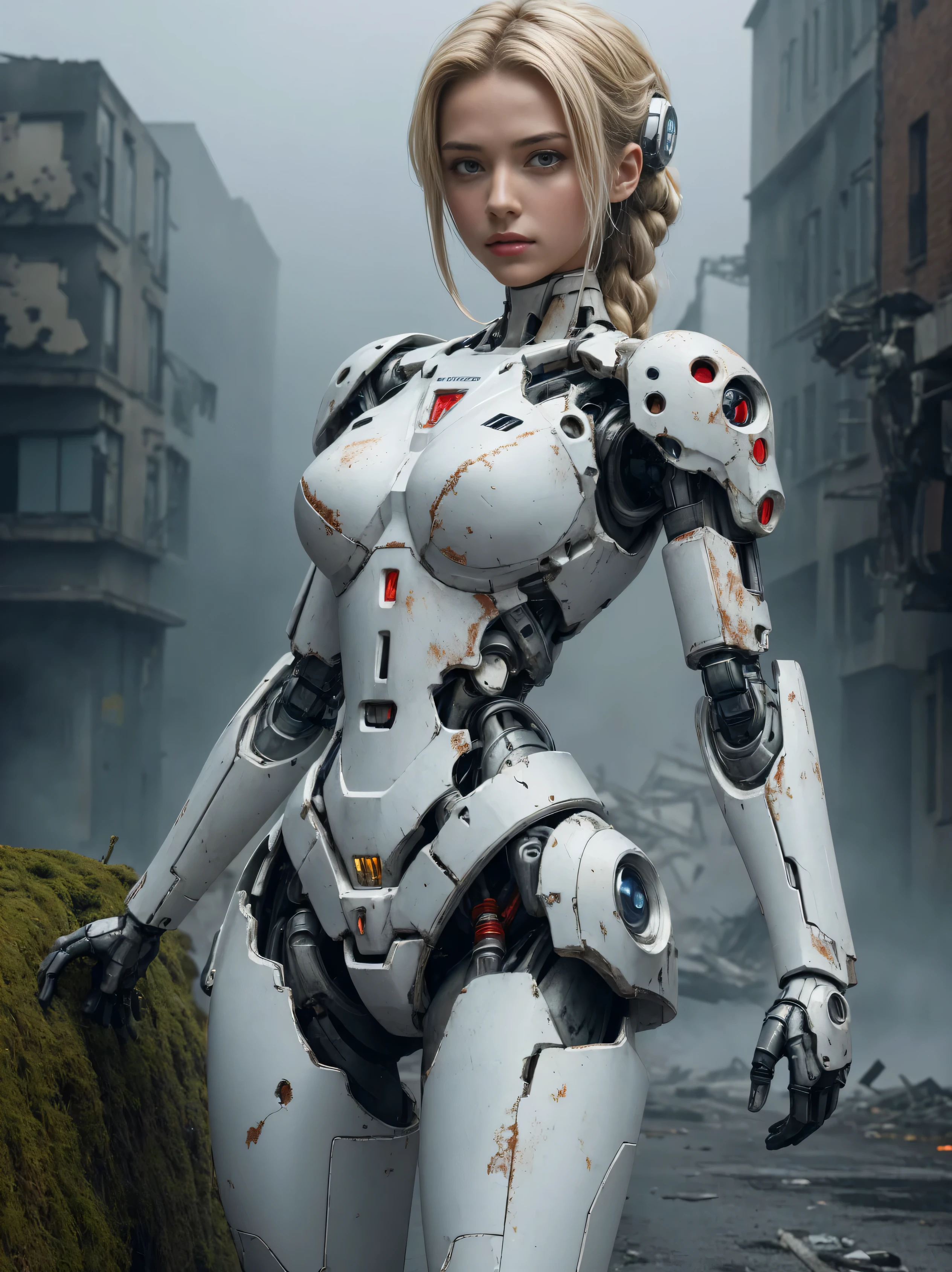 ((masterpiece, highest quality, Highest image quality, High resolution, photorealistic, Raw photo, 8K)), Abandoned robot soldier on battlefield, broken and immobile, rust and moss showing passage of time, female cyborg body, Blonde, female body, biomechanical , extra detailed body, blowjob white mech, white biomechanical details, detailed body, shiny white armor, cybernetic body, eva unit-00 on back, full body details, destroyed city in the background, destroyed street, fog