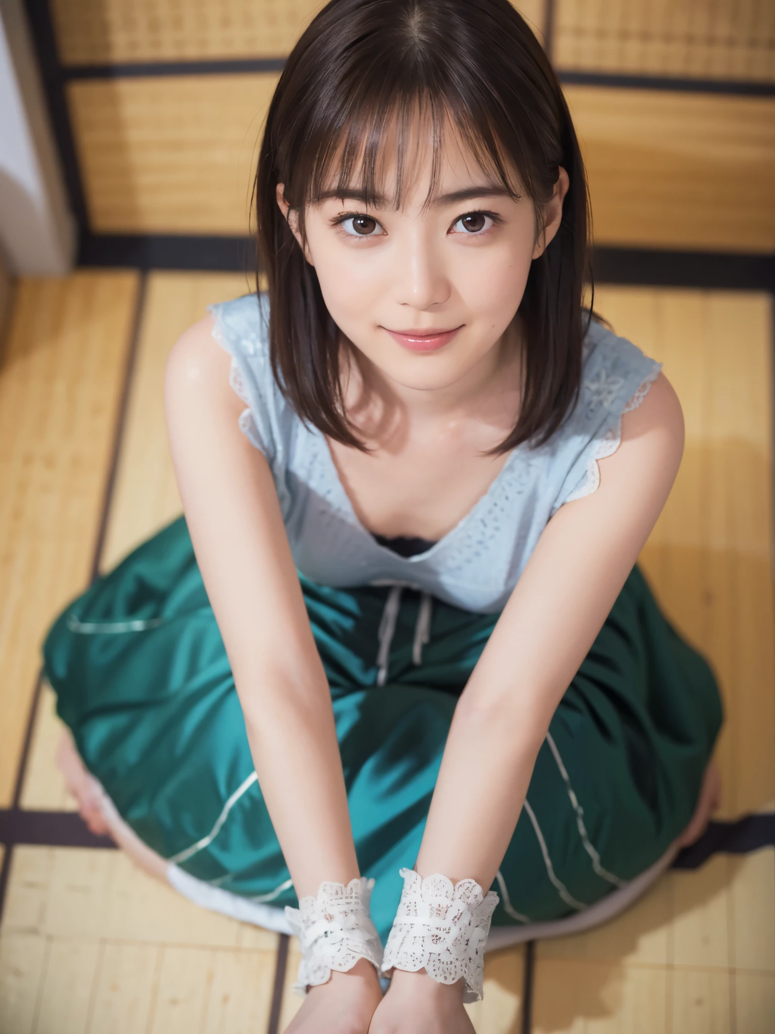 Sitting on the tatami in a Japanese room、beautiful woman looking up、最高のsmile、、30 years old、Japanese woman、one woman、medium hair、brown hair、white lace bra、((looking down from above:1.8), (eyes looking down :1.5), Seductive pose on all fours on the floor, look up frivolously, Hilarious, Happy, smile, smile、look at the camera)、chest is wide open、small breasts、shiny skin, after the shower,natural makeup、lip gloss、((highest quality, 8k, RAW photo, masterpiece :1.3)), (realistic、Photoreal:1.37)、Super detailed、ultra high resolution, alone, 1 female, alone, see the beholder, (30 years old), Japanese, beautiful and detailed face, shining eyes, (slim waist :1.3), Fine and beautiful skin, skin texture, Written by Lee Jeffries, Nikon D850, film stock photography ,4 Kodak Portra 400 ,camera f1.6 lenses ,rich colors ,超realistic ,Realistic texture, dramatic lighting , Cinestill 800,