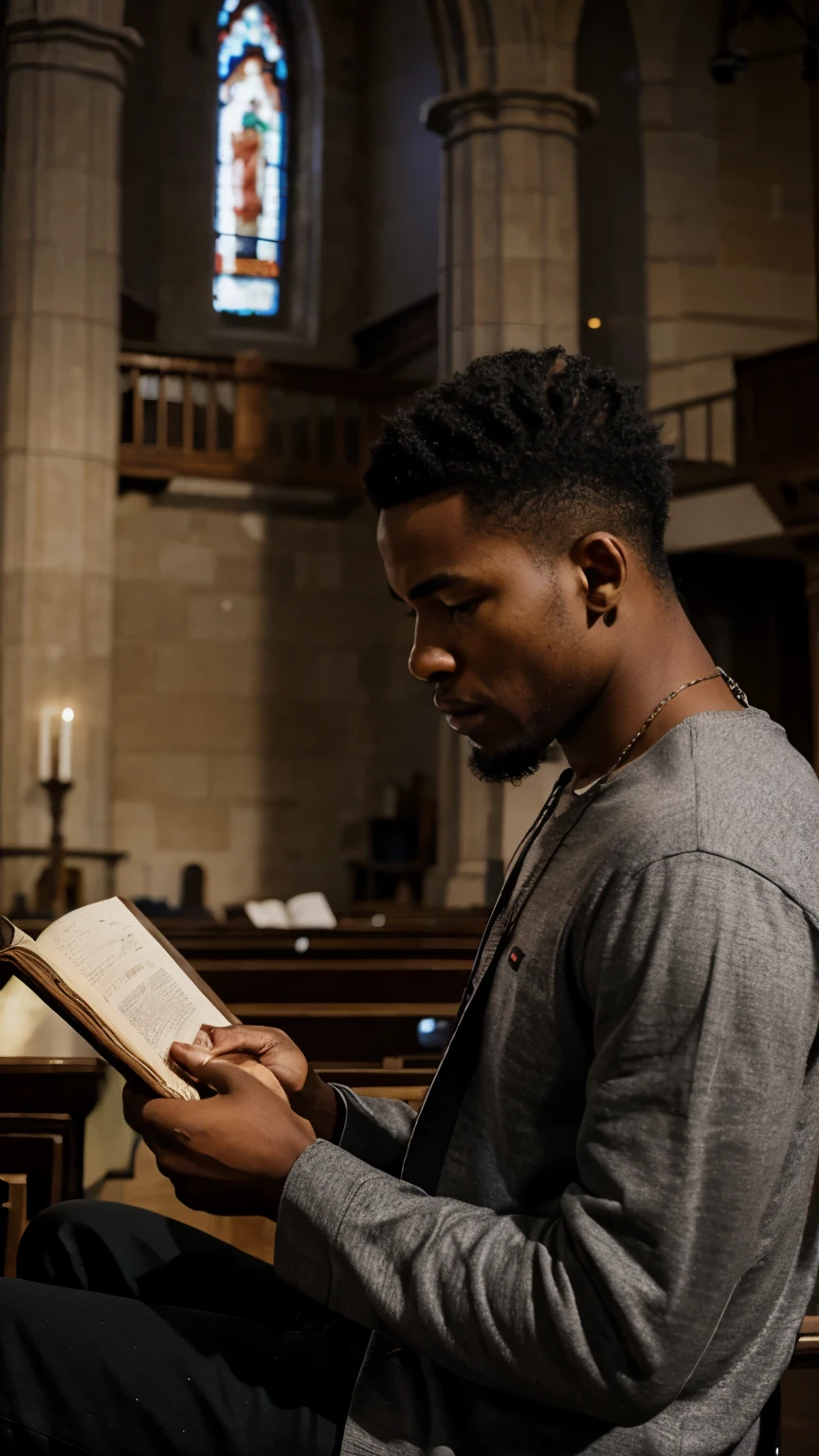 black man studying the bible in a church