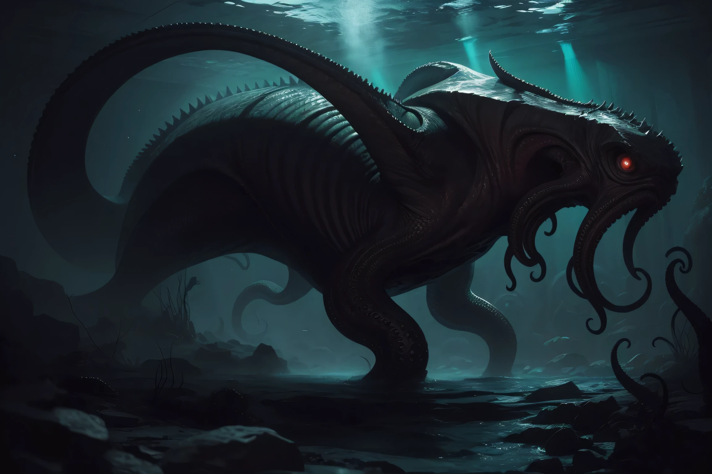 best quality, masterpiece, official art, realistic, (Cthulhu Mythos art, huge creature:1.3), deep sea, underwater, darkness