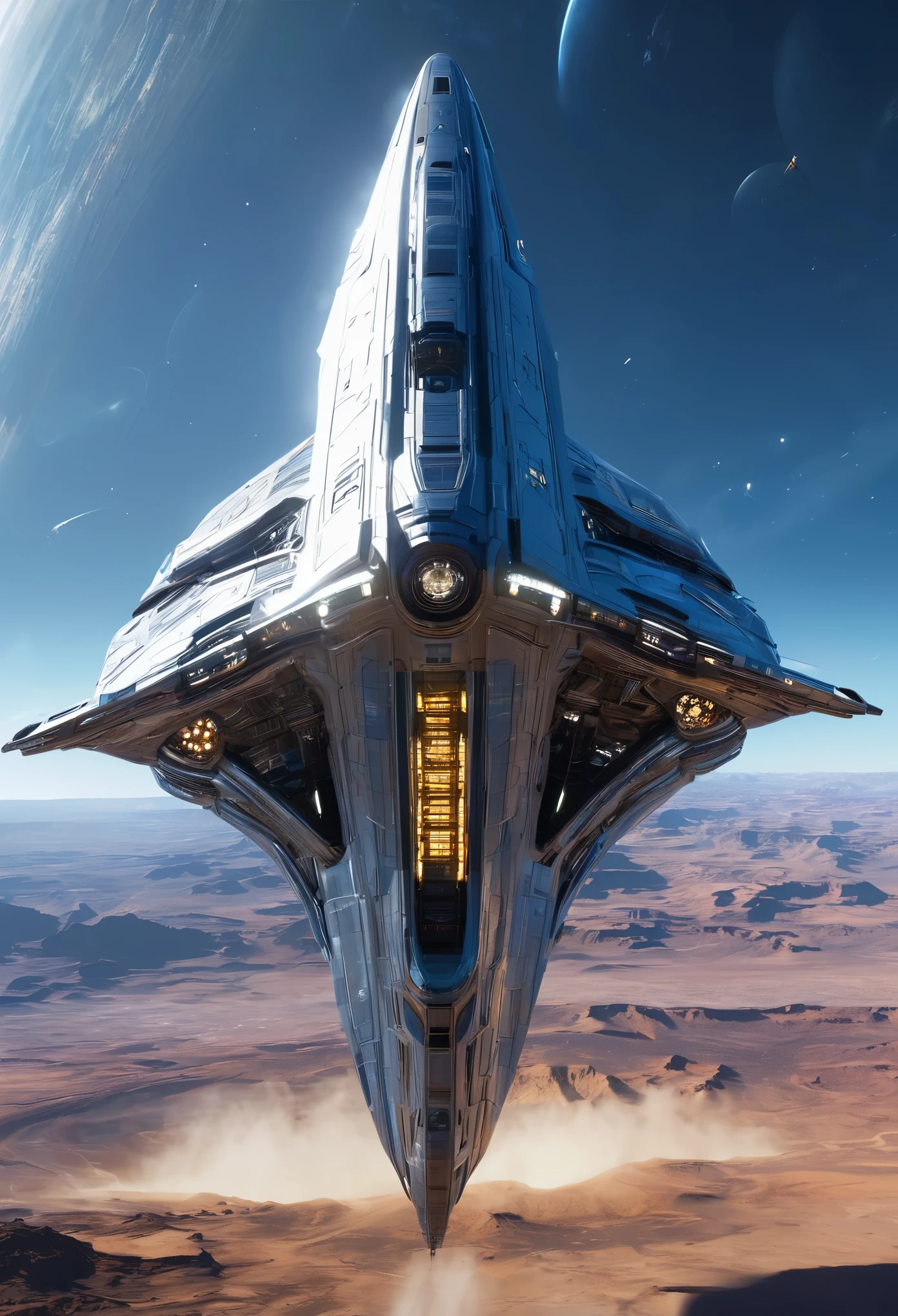 "(best quality,highres,ultra-detailed:1.2),gigantic spaceship,sci-fi,starship,interstellar travel,space exploration,advanced technology,massive structure,futuristic design,metallic surface,sleek and streamlined,glowing lights,extraterrestrial,majestic presence,otherworldly,expansive view,galaxy background,stunning visual effects,vivid colors,grand scale,awe-inspiring,impressive engineering,cosmic adventure" flying over a desert 