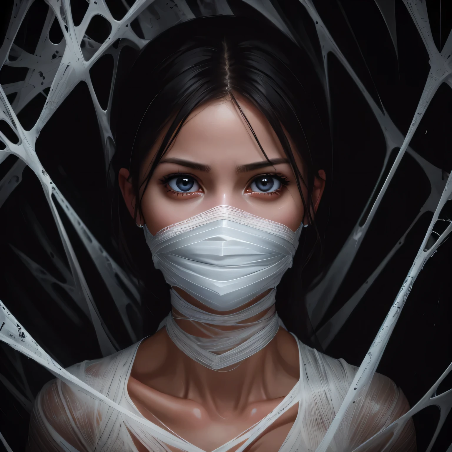 ing from the ceiling, dim lighting, dark atmosphere, oil painting style, vibrant colors, intense emotion. (best quality, highres, ultra-detailed, realistic:1.2), spiderweb, trapped, delicate facial features, fear in her eyes. half body visible,(gagged:1.4),