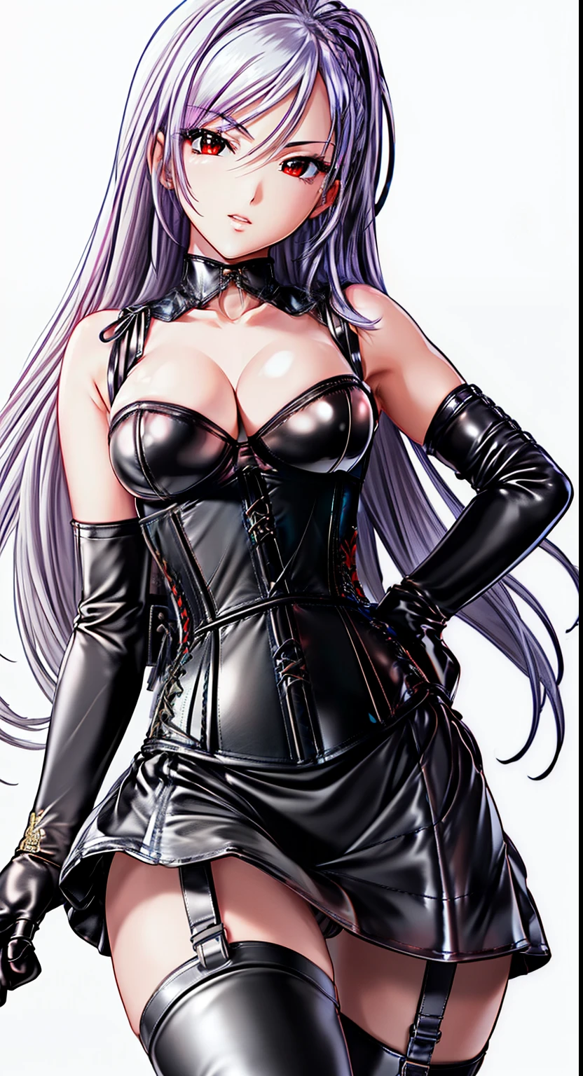 BDSM、(((Black Leather Corset Dress:1.4)))、(((Beautiful embroidery on the corset.)))、(((corset dress with shoulder straps)))、(((Tight black leather mini skirt:1.4)))、first round、(((black thigh boots)))、high heel boots、(((black leather bra)))、(((black leather panties)))、first round、
(masterpiece, highest quality, Super detailed, High resolution, shape:0.8), highly detailed wallpaper, official art, wonderful, high detail, Super detailed, Highly detailed 8k wallpaper,closed whole body, bright silver hair, Red eyes with long slit pupils, (white background: 1.3), (1 girl, alone),(body suit),sexy,perfect anatomy,beautiful face, look down,
