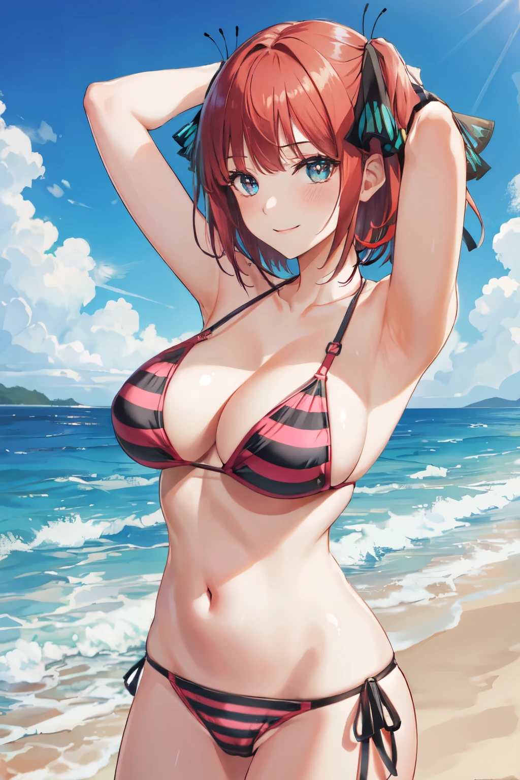 (masterpiece:1.2), best quality, high resolution, unity 8k wallpaper, (illustration:1.0), (beautiful detailed eyes:1.4), extremely detailed face, perfect lighting, extremely detailed CG, official art, (perfect hands,perfect anatomy), (dynamic angle and pose:1.3), nice angle, (1girl, solo:1.5), BREAK
nakano nino, butterfly hair ornament, smile, medium breasts, beautiful blue eyes, looking at viewer, hair ribbon, large breasts, (red hair:1.4), blush, closed mouth, blunt bangs, black ribbon, (short hair:1.4), two side up,swimsuit, (pink black vertical-striped bikini:1.4), bikini, medium breasts, navel, (pink bikini:1.2), vertical stripes, BREAK
seductive smile,arms_behind_head, cowboy shot, BREAK
beach, ocean, outdoors, day, sky,