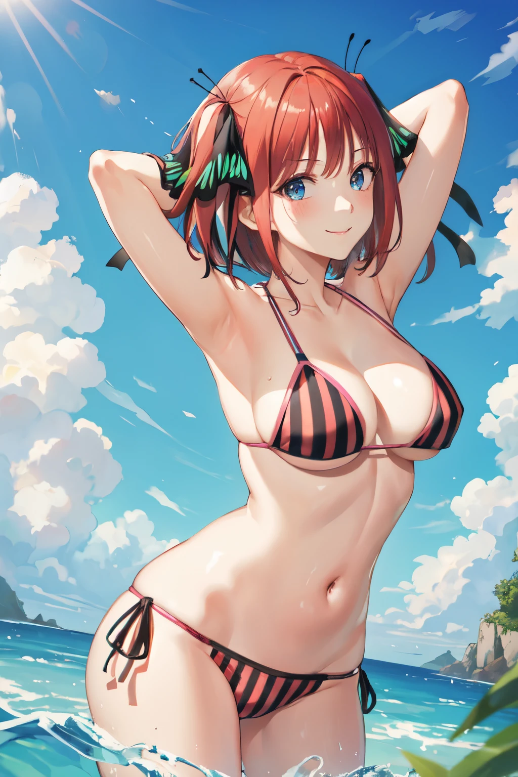 (masterpiece:1.2), best quality, high resolution, unity 8k wallpaper, (illustration:1.0), (beautiful detailed eyes:1.4), extremely detailed face, perfect lighting, extremely detailed CG, official art, (perfect hands,perfect anatomy), (dynamic angle and pose:1.3), nice angle, (1girl, solo:1.5), BREAK
nakano nino, butterfly hair ornament, smile, medium breasts, beautiful blue eyes, looking at viewer, hair ribbon, large breasts, (red hair:1.4), blush, closed mouth, blunt bangs, black ribbon, (short hair:1.4), two side up,swimsuit, (pink black vertical-striped bikini:1.4), bikini, medium breasts, navel, (pink bikini:1.2), vertical stripes, BREAK
seductive smile,arms_behind_head, cowboy shot, BREAK
beach, ocean, outdoors, day, sky,