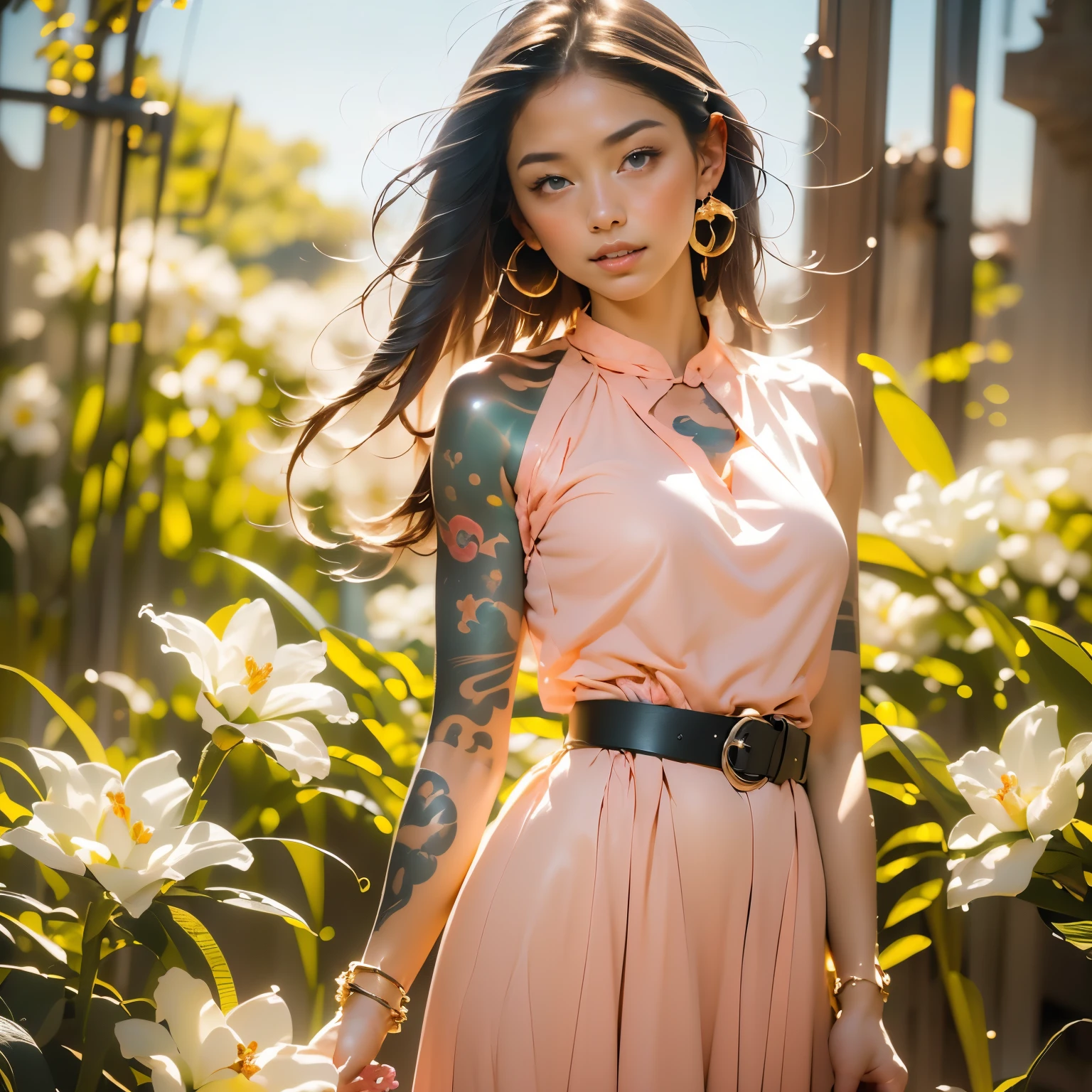 (Realistic painting), (Best quality, A high resolution, photo realistic: 1.37), (Bright colors), (Studio lighting), (orange, Pink, white, and green details), (Woman with white Hair), (tattoos), (Technological clothing: 1.1), (Abstract background with lines and circles). ((Best quality, A high resolution, sharp image, detailed background, girl, flower tattoo-T, Starry sky)). ((Best quality: 1.37), (1 girl - solo, full length, belt, free - relaxed pose, standing), (fashionable pink dress, technological image)). ((Settings, soft light, shadows). (Technical background - abstraction) HD detail, cinematic, surrealism, soft light, Deep Focus, ray tracing, diffusion.