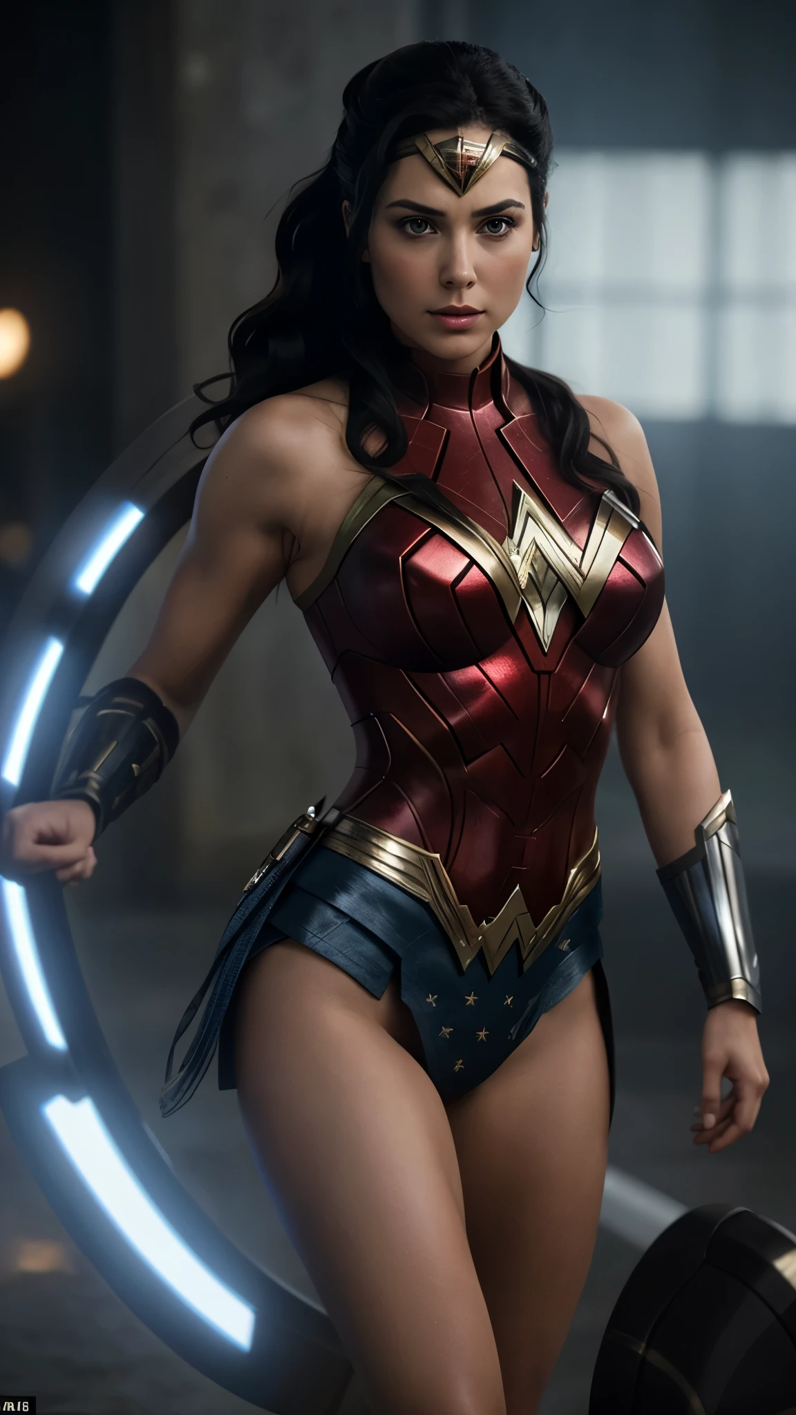 "Develop a high-quality image with artificial intelligence, with advanced levels of detail and cinematic style. The scene will feature Wonder Woman in an extremely sexy costume, em uma pose de corpo inteiro. Ela deve exibir belos seios, very shapely legs and very visible buttocks. Your body will be completely on display in the image, com um rosto perfeito e bem definido. Your hair will be long and tied in a ponytail., adding a touch of sensuality to your appearance. A Mulher-Maravilha deve emanar um ar de sex appeal, com seios redondos e provocantes. The image will be very bright to highlight its powerful presence. The scene will take place in an epic battle from the Marvel universe, transmitting all the emotion and grandeur of a heroic confrontation. The image will be rendered in high resolution, com qualidade 4K, to capture all the stunning details of this cinematic scene."