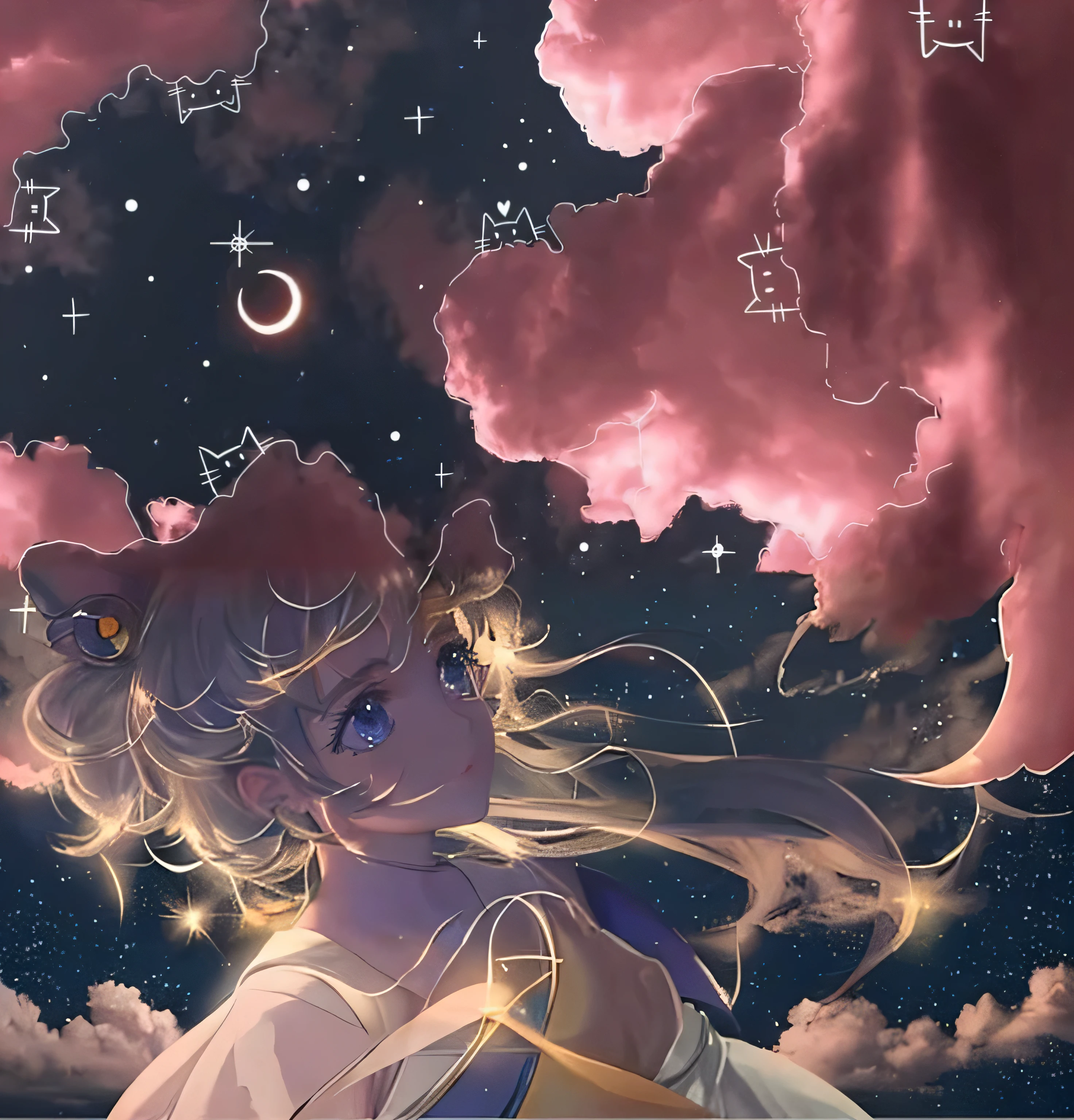 there is an image of a sky with a crescent moon and stars, sailor moon aesthetic, anime aesthetic, ☁🌪🌙👩🏾, dreamy aesthetic, On a galaxy-looking background, nuvens fofas de anime rosa, dreamy ethereal vibe, anime aesthetic, anime vibes, escuro e estrelas ao fundo, ✨🕌🌙, wallpaper aesthetics, sitting in a cosmic cloudscape