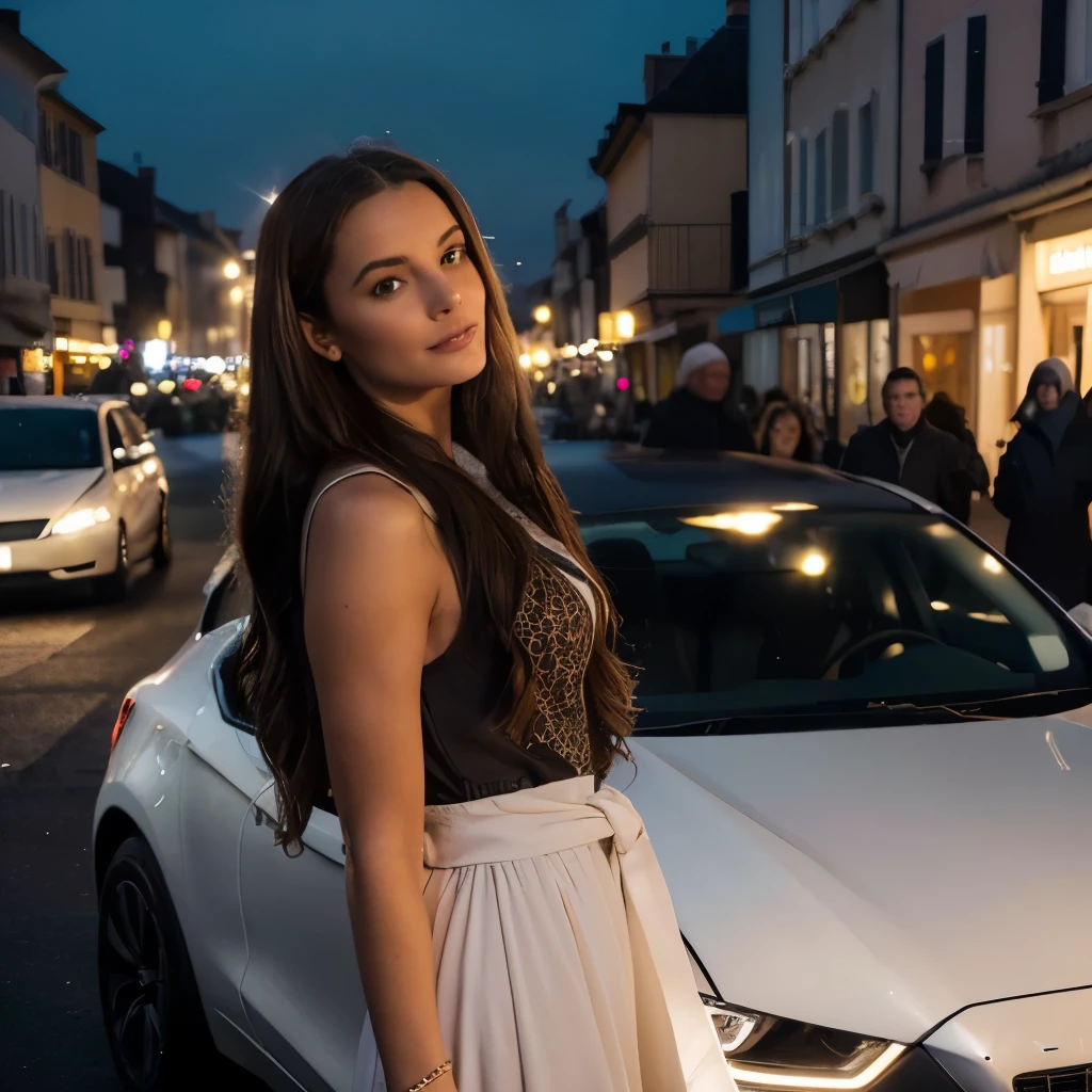 Realistic photography, Bianca (Femme, 28 ans, long wavy brown hair), (yeux parfaits), debout contre une voiture de sport, sur le bord de la route, pose sexy, leaning against the car lit by night light. Face lit by night lights, ciel noir et parfait, ciel nocturne, voitures en arrières plans avec les phares allumés, (grand angle de vue), 'mannequin), illuminated by night light. (mains parfaites), (Face of desire)light on her, angle de photo sur le côté.Une élaboration sur Bianca, s&#39;in the middle of a busy road, adorned with&#39;Fully dressed, tenue chic, baskets, La décoration de l&#39;vue, restaurant et décoration à couper le souffle ajoutent un charme festif à la scène.. doux, natural light illuminates the woman, projetant une lueur chaleureuse sur la femme. L&#39;atmosphère respire la joie et l&#39;holiday elegance, capturer un moment serein et joyeux. Photo prise par Emma Jackson avec un Nikon D850 et un objectif 50 mm, capturing natural nighttime light that adds warmth and vibrancy to festive decor, 8K, Ultra HD, super-resolution. --dans ５ --q 2