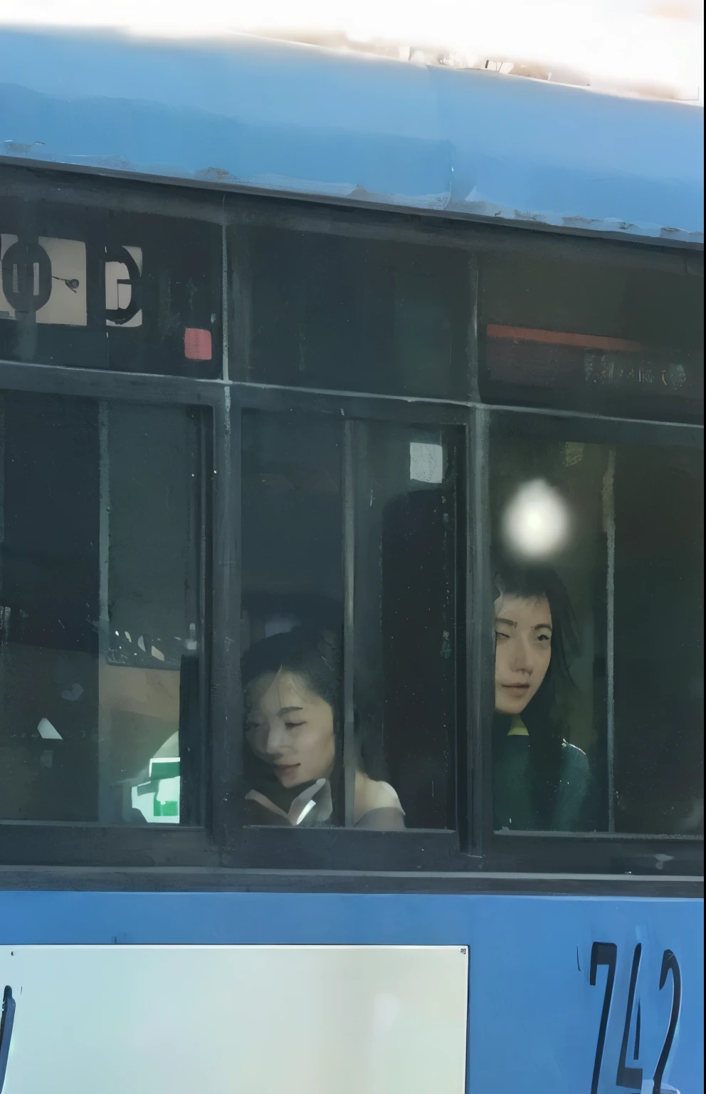 arafed bus with advertisement on side of it on street, public bus, people waiting in bus stop, big human faces everywhere, bus, Eyes closed or no visible, don't smile, ( ( ( buses, buses, Over the shoulder shot, glitch in the matrix, face is clearly visible., [ realistic photo ]!!, 2 4MP, 24MP, unknown artist,mild、no、((illustration style))、rear view、Casual fashion、low exposure、long、、illustration style