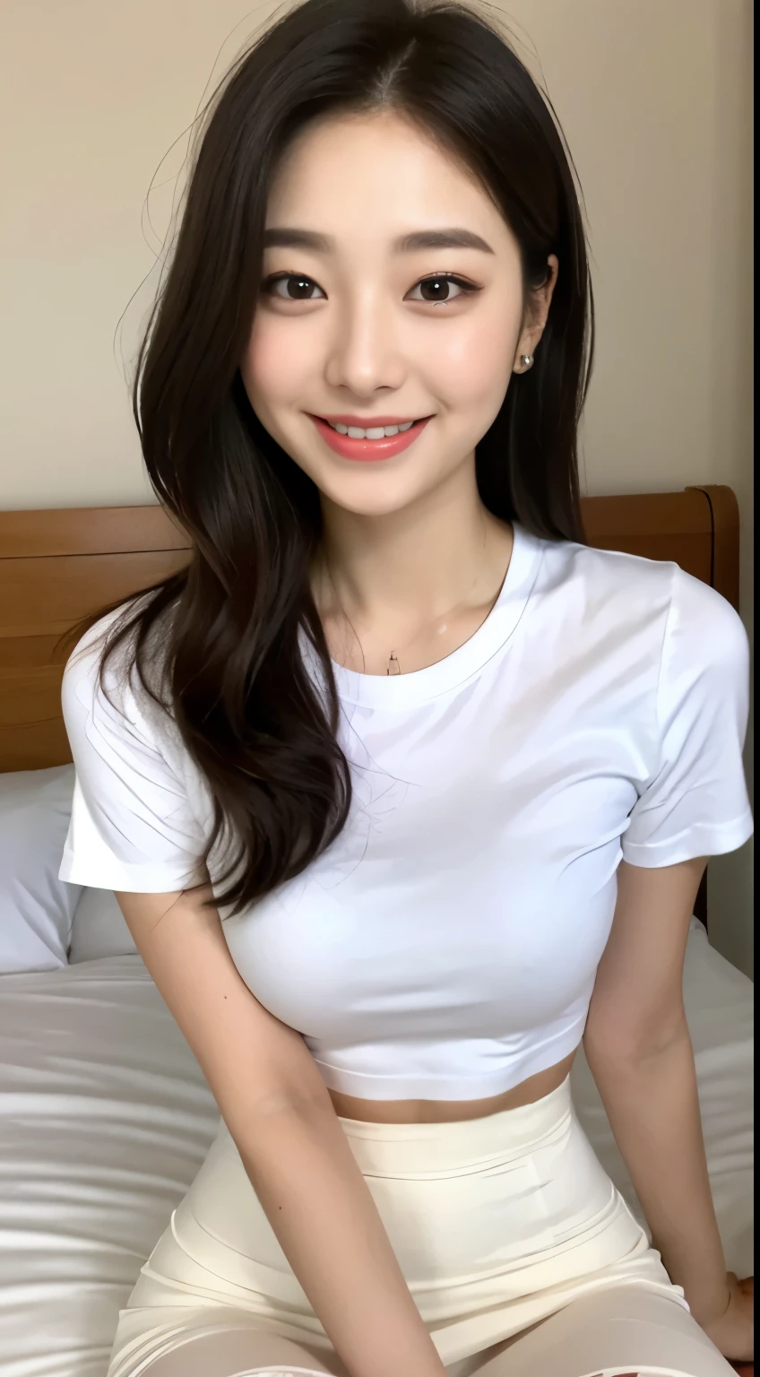 white tight shirt、white tight mini skirt、bed、smile、short sleeve、high resolution、Korean idol face