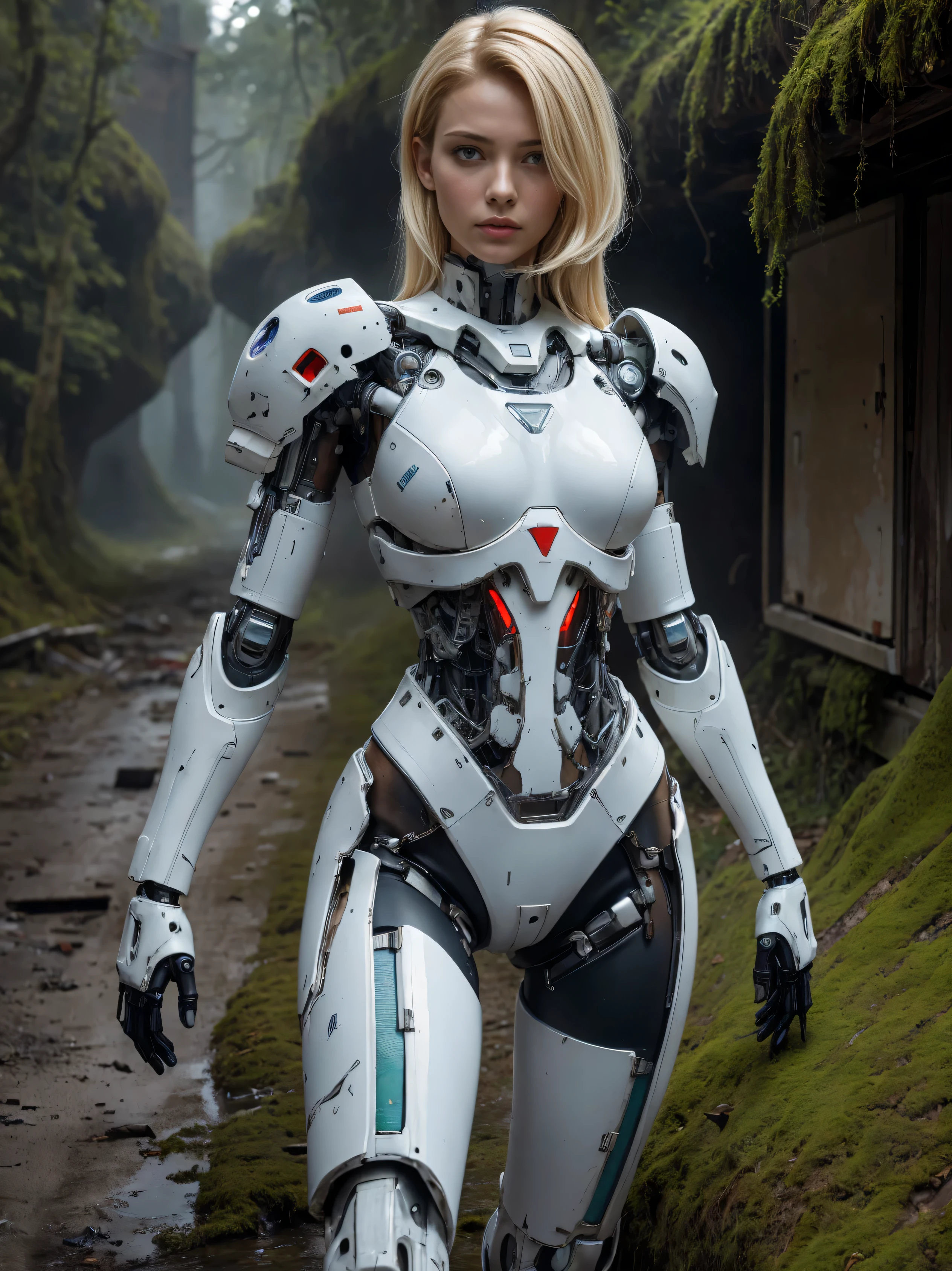 ((masterpiece, highest quality, Highest image quality, High resolution, photorealistic, Raw photo, 8K)), Abandoned robot soldier on battlefield, broken and immobile, rust and moss showing passage of time, female cyborg body, Blonde, female body, biomechanical , extra detailed body, blowjob white mech, white biomechanical details, detailed body, shiny white armor, cybernetic body, eva unit-00 on back, full body details, destroyed city in the background