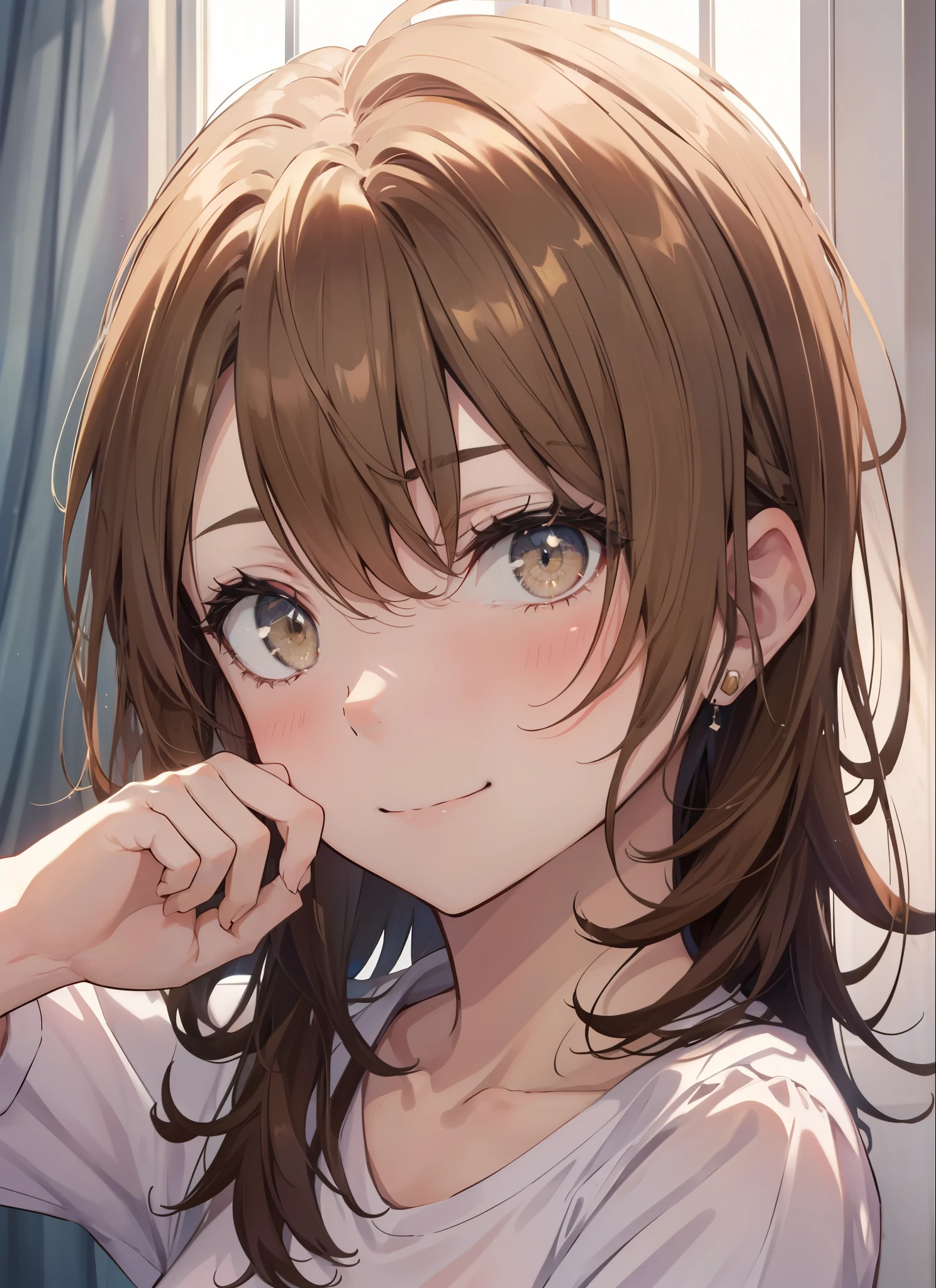 irohaisshiki, Isshiki Iroha, long hair, light brown hair, (brown eyes:1.5), smile,A girl sleeping with her eyes closed，sleep,white t-shirt,black underwear,barefoot,barefoot,smile，Bedroom，light goes out， Covered with a blanket， windows，Romantic Sunrise，extreme light,全身がイラストに入るように
break indoors, Bedroom
break looking at viewer,
break (masterpiece:1.2), highest quality, High resolution, unity 8k wallpaper, (shape:0.8), (beautiful and detailed eyes:1.6), highly detailed face, perfect lighting, Very detailed CG, (perfect hands, perfect anatomy),