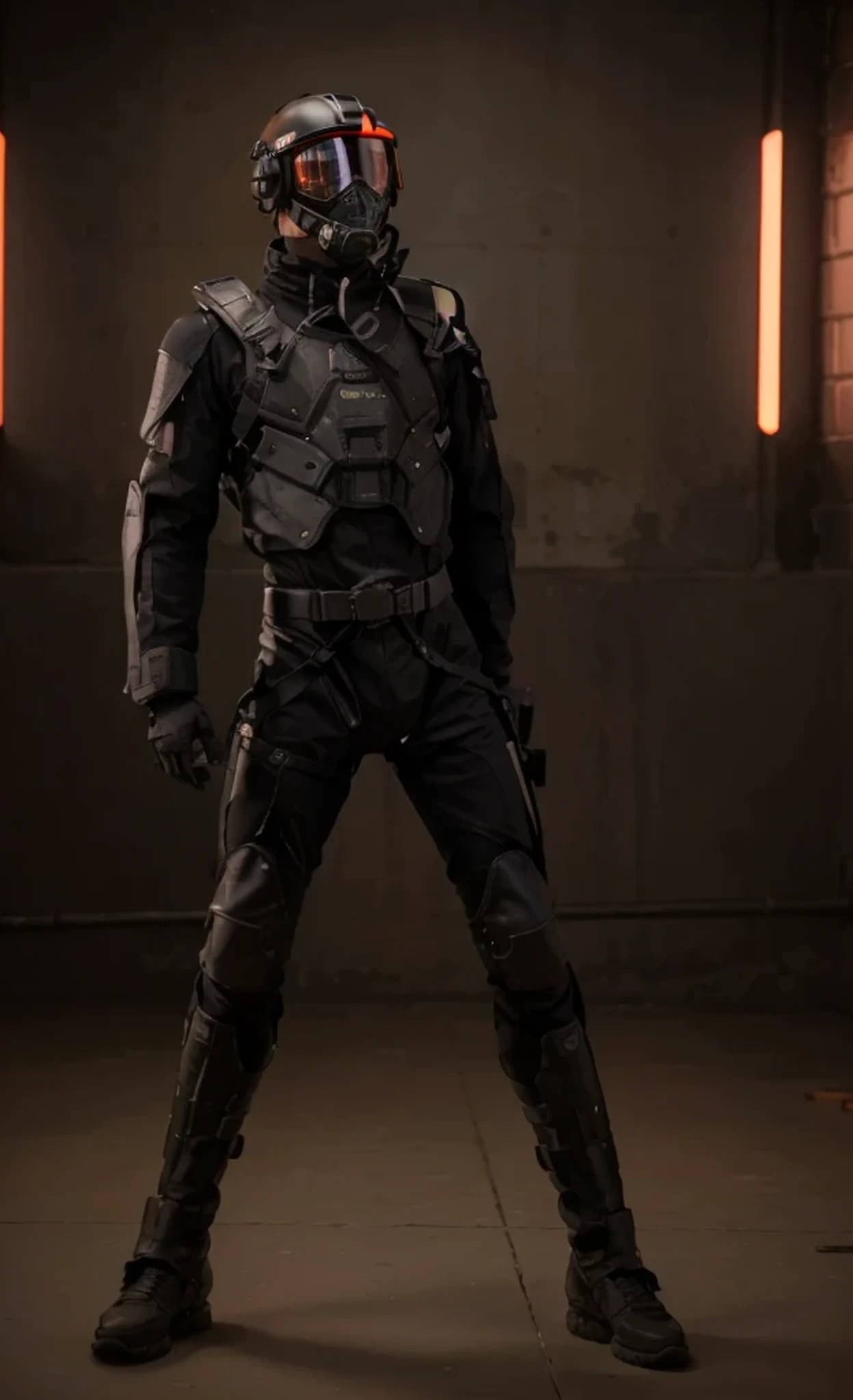 male soldier, ultra modern cybernetic pilot heavy armor in black with red details, metal shoulder pads, metal wrist guards, ultra modern gas mask with four red eyes, tubes and cables pilot suit, he is in inside a military hangar with military planes black color, red stained glass, symbol of the tail of a scorpion, image in red tones, 4k, ultra detailed image, realistic, very detailed, perfect composition, splendid, intricately detailed, incredibly detailed, art photography 8k, hyper detailed, Masterpiece , ultra detailed, hyper realistic, 4k, ultra detailed image, realistic, highly detailed, perfect composition, splendid, intricately detailed, incredibly detailed, Artistic photography in 8k, hyper detailed