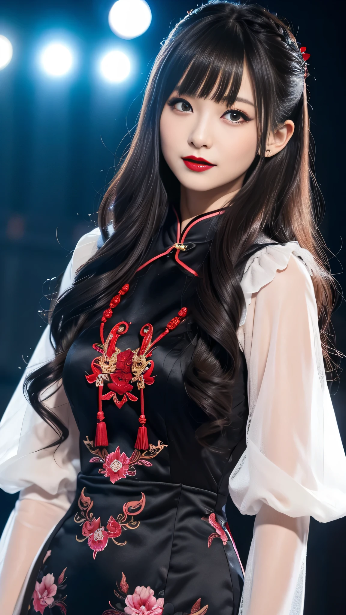 Super detailed、Japanese、charming beauty、seductive adult woman、Beautiful woman、sharp eyes、cool girl、wavy hair、flowing bangs、long black cheongsam、wide sleeve、evilの幹部、evil depravity、brainwashing、Mind control、apply lipstick、grin、evilな表情、evil、empty eyes、evil、stage、vampire、vampire、Hypnosia makeup brush