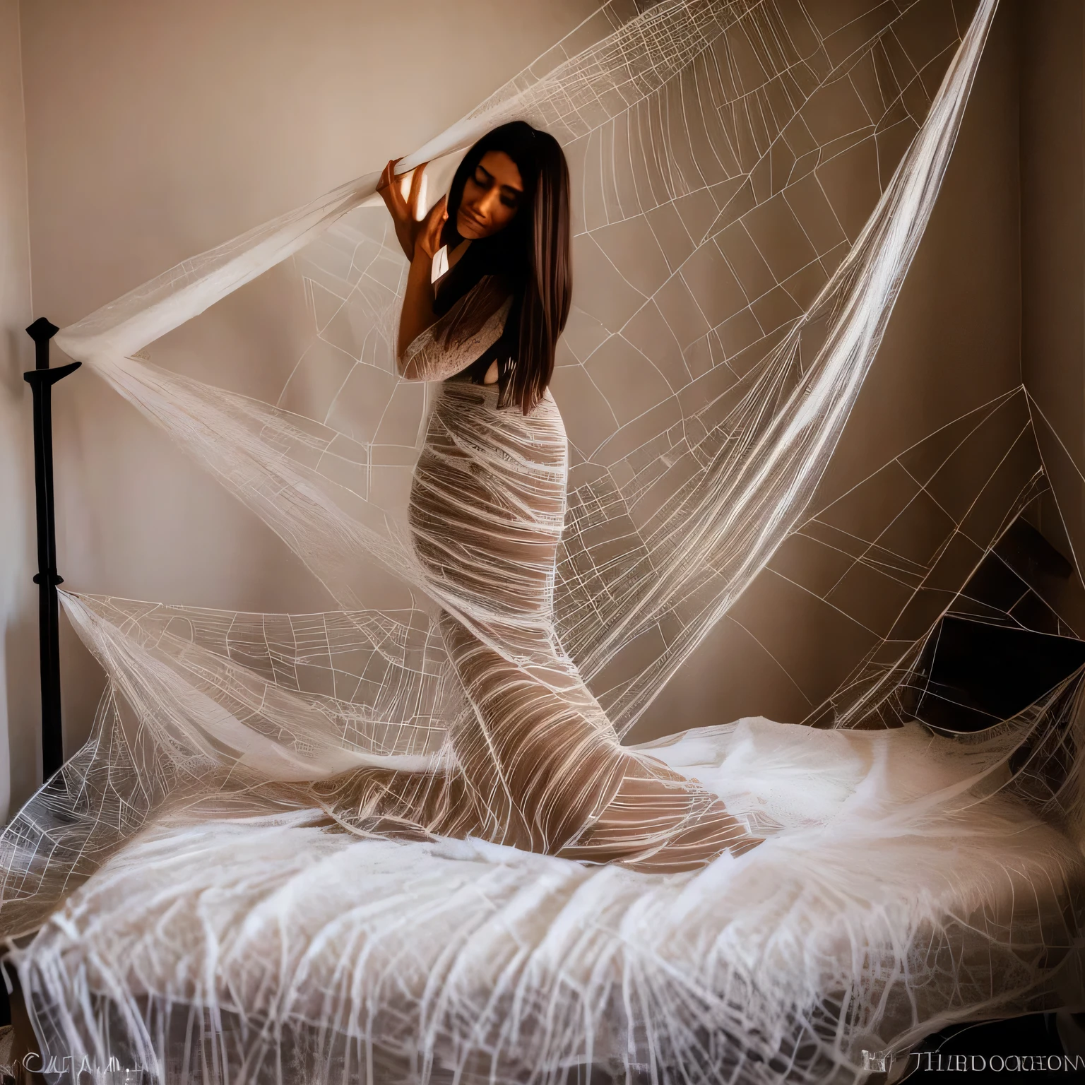 1girl,Spider weaving a net on the girl,réalism:1.2,ultra-detailed,bedroom setting,stretched pose,struggling in the net,brown haired,very long sheer skirt,oaken floor,soft sunlight,delicate spider silk,lace curtains,bedside table,decorative pillows, spider web