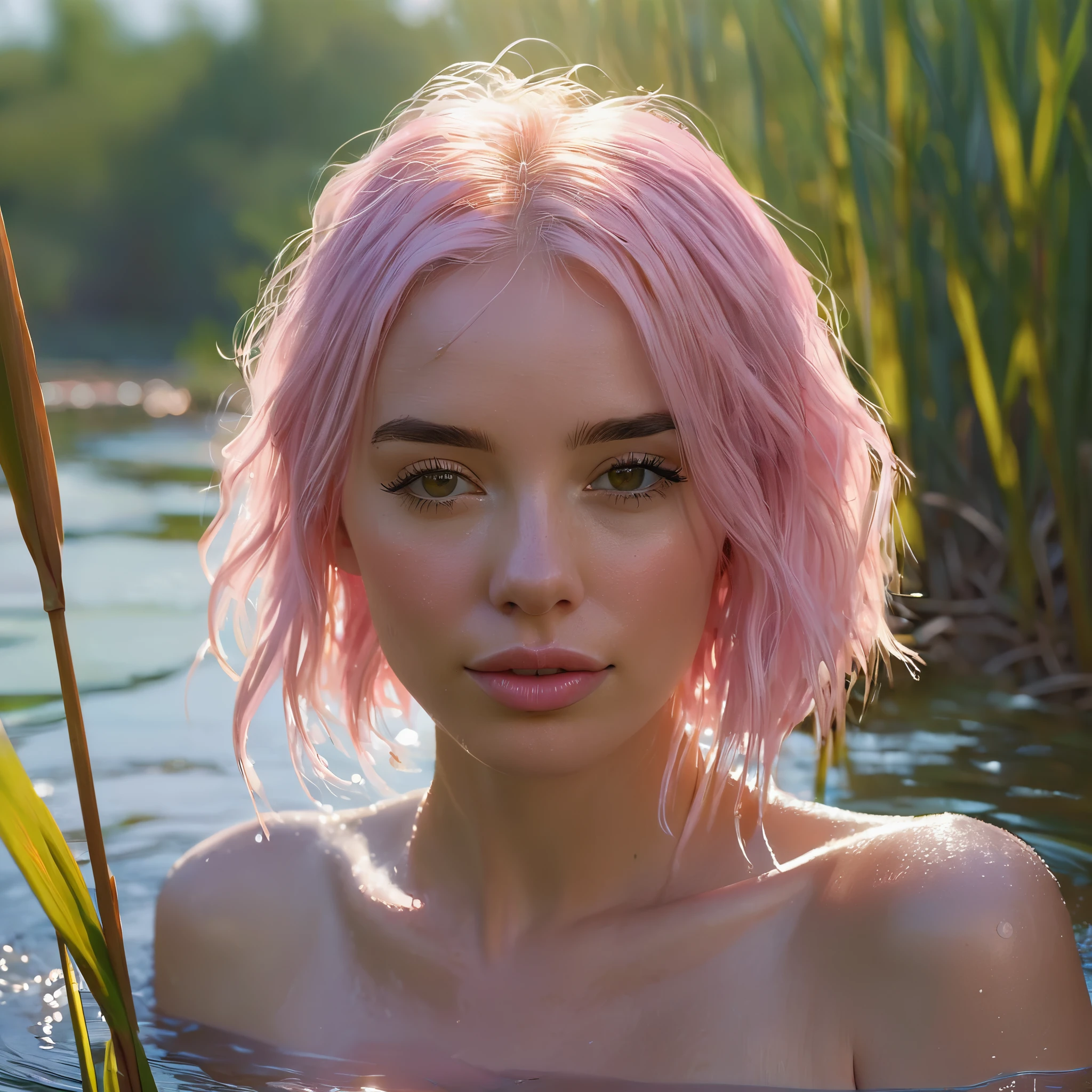 close up portrait of a cute woman, light pink hair, sexy, (gldot) bathing in a river, reeds, (backlighting), realistic, masterpiece, highest quality, lens flare, shade, bloom, [[chromatic aberration]], by Jeremy Lipking, by Antonio J. Manzanedo, digital painting,