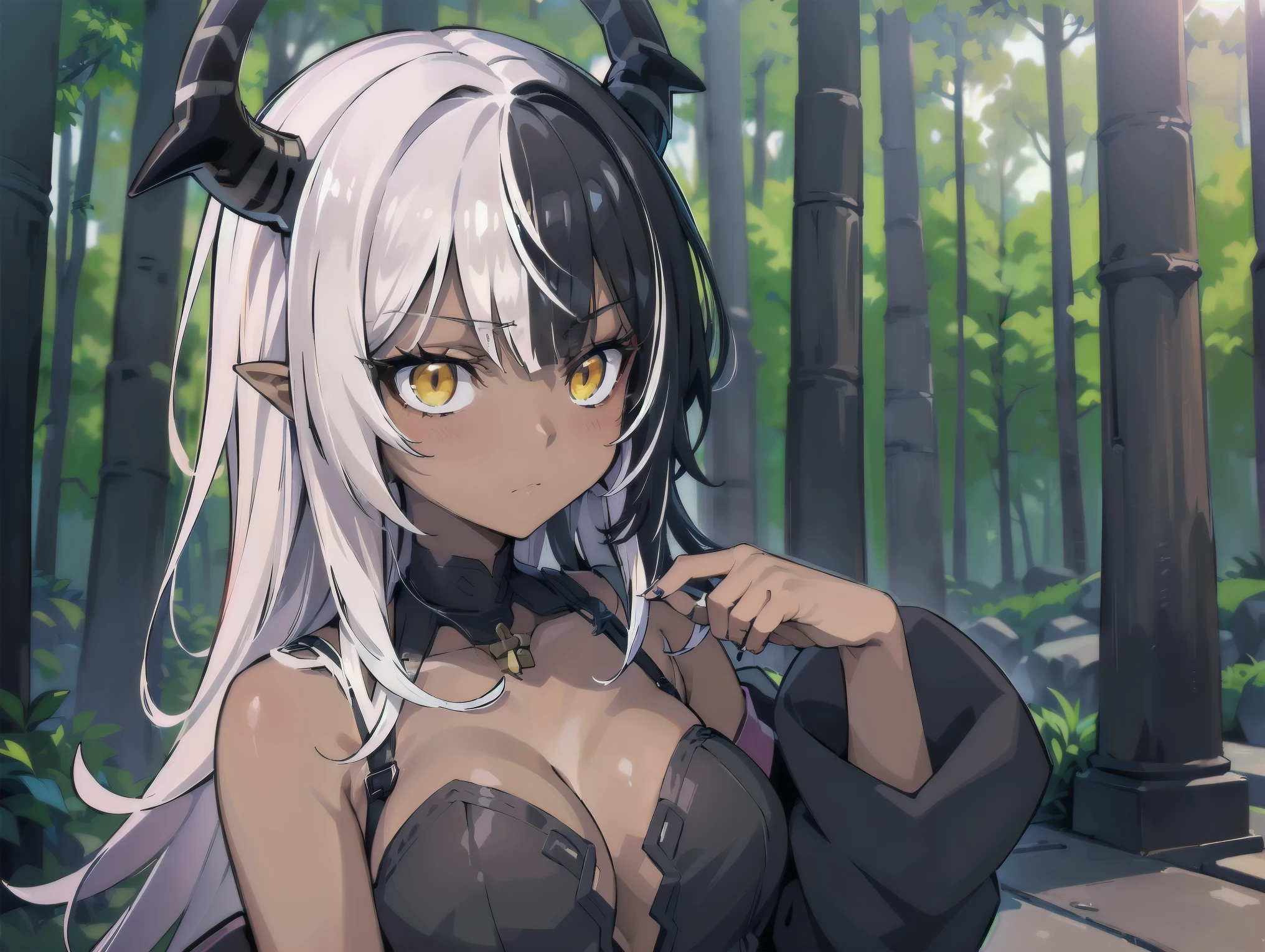 Concept art, ((CG)), ((1girl)), ta, ((((dark skin)))), ((((short white hair)))), (((blunt bangs))), yellow eyes, ((heterocromia)), (((horns))), ((cabelo emaranhado)), ((((sonolenta)))), desleixada, ((melhor qualidade)), ((brava)), (((black dress))), ((obra de arte)), ((((black cloack)))), (detalhado), rosto perfeito, ((style novel)), cores beautiful, ((((anime_collors)))), ((in Forest)).