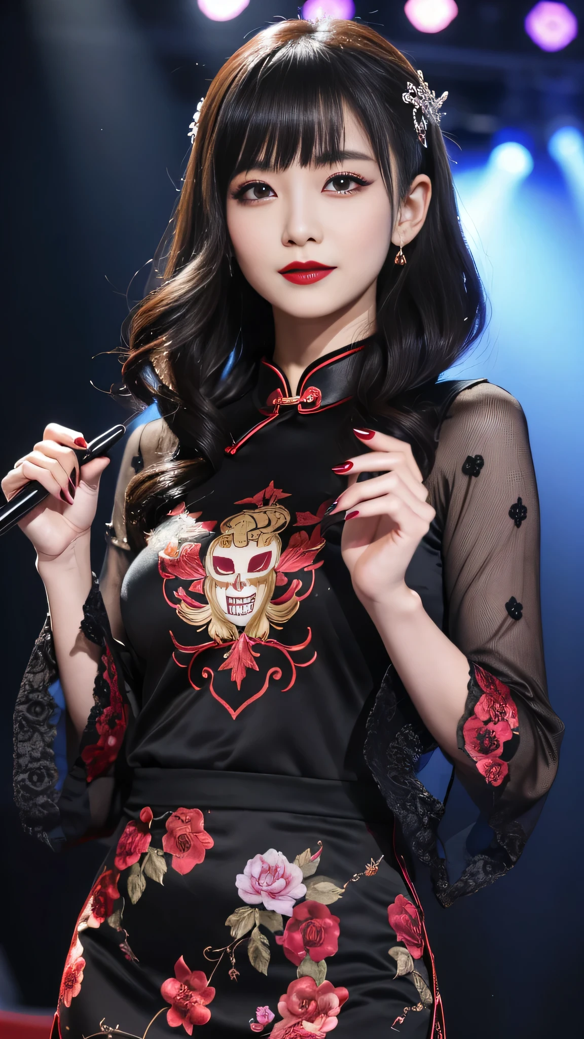 Super detailed、Japanese、charming beauty、seductive adult woman、Beautiful woman、sharp eyes、cool girl、wavy hair、flowing bangs、long black cheongsam、wide sleeve、evilの幹部、evil depravity、brainwashing、Mind control、apply lipstick、grin、evilな表情、evil、empty eyes、evil、stage、vampire、vampire、Hypnosia makeup brush