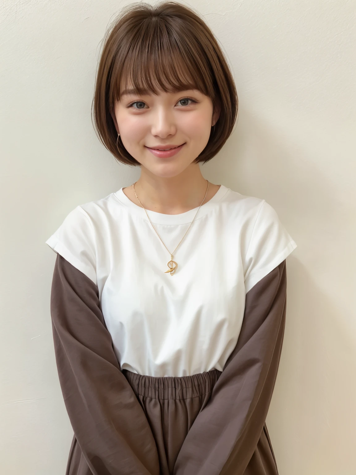 table top、Black long sleeve dress、Photographed in natural light、(8k、RAW photo、highest quality、masterpiece:1.2)、High-definition RAW color photo、professional photos、(realistic、photo realistic:1.37)、1 girl、laughter、white wall、Taken in front of the white door、(窓のあるwhite wallの部屋)、Various poses、simple necklace、spring clothes、don&#39;t look at the camera、dark brown hair color、short hair