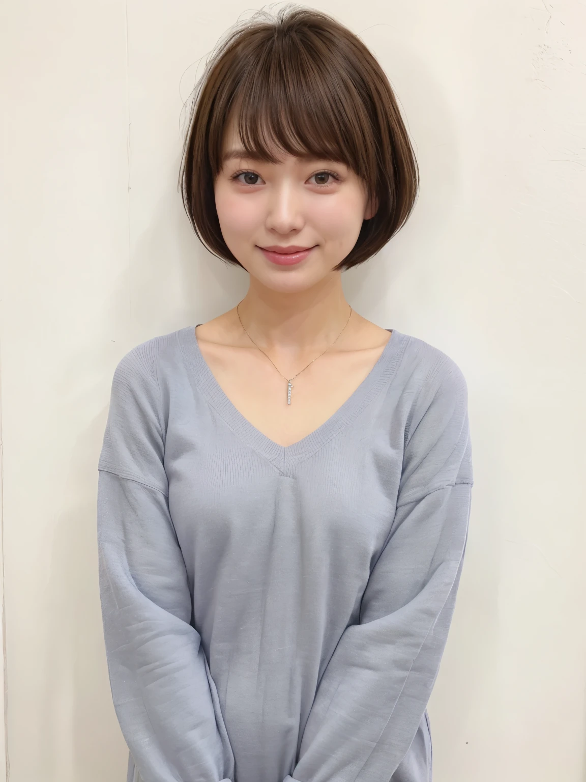 table top、Black Long Sleeve Dress、Photographed in natural light、(8k、RAW photo、highest quality、masterpiece:1.2)、High-definition RAW color photo、professional photos、(realistic、photo realistic:1.37)、1 girl、laughter、white wall、Taken in front of the white door、(窓のあるwhite wallの部屋)、various poses、simple necklace、spring clothes、Don'don't look at the camera、dark brown hair color、short hair