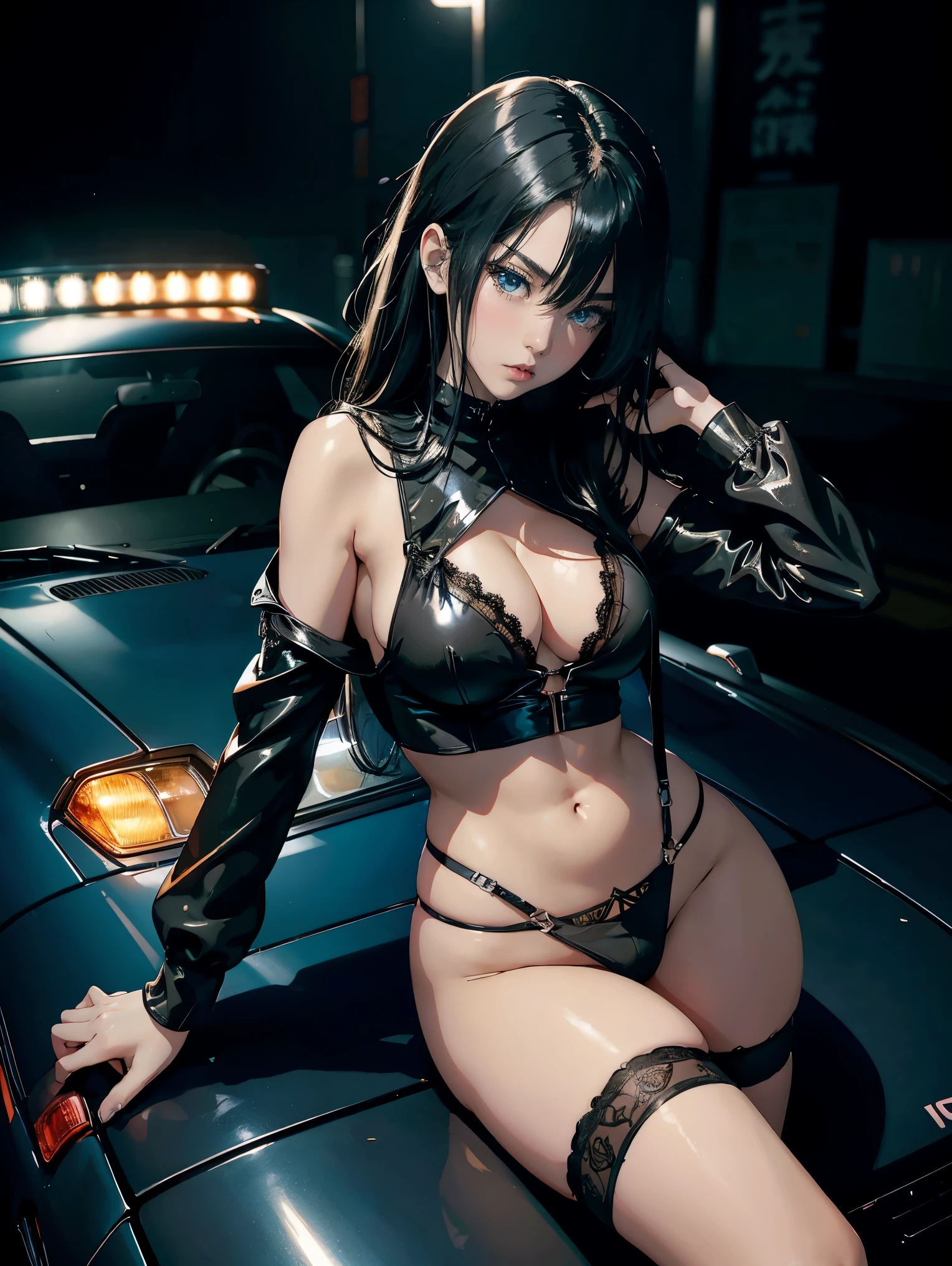 anime girl with black hair and blue eyes posing in lingerie, seductive anime girl, beautiful alluring anime woman, 2 b, 2b, guweiz on pixiv artstation, guweiz on artstation pixiv, pixiv 3dcg, small curvy , extremely detailed artgerm, guweiz masterpiece, [ 4 k digital art ], stocking suspenders, leg on leg, sitting on the hood car, neon light, Toyota supra, dark car, sexy outfit