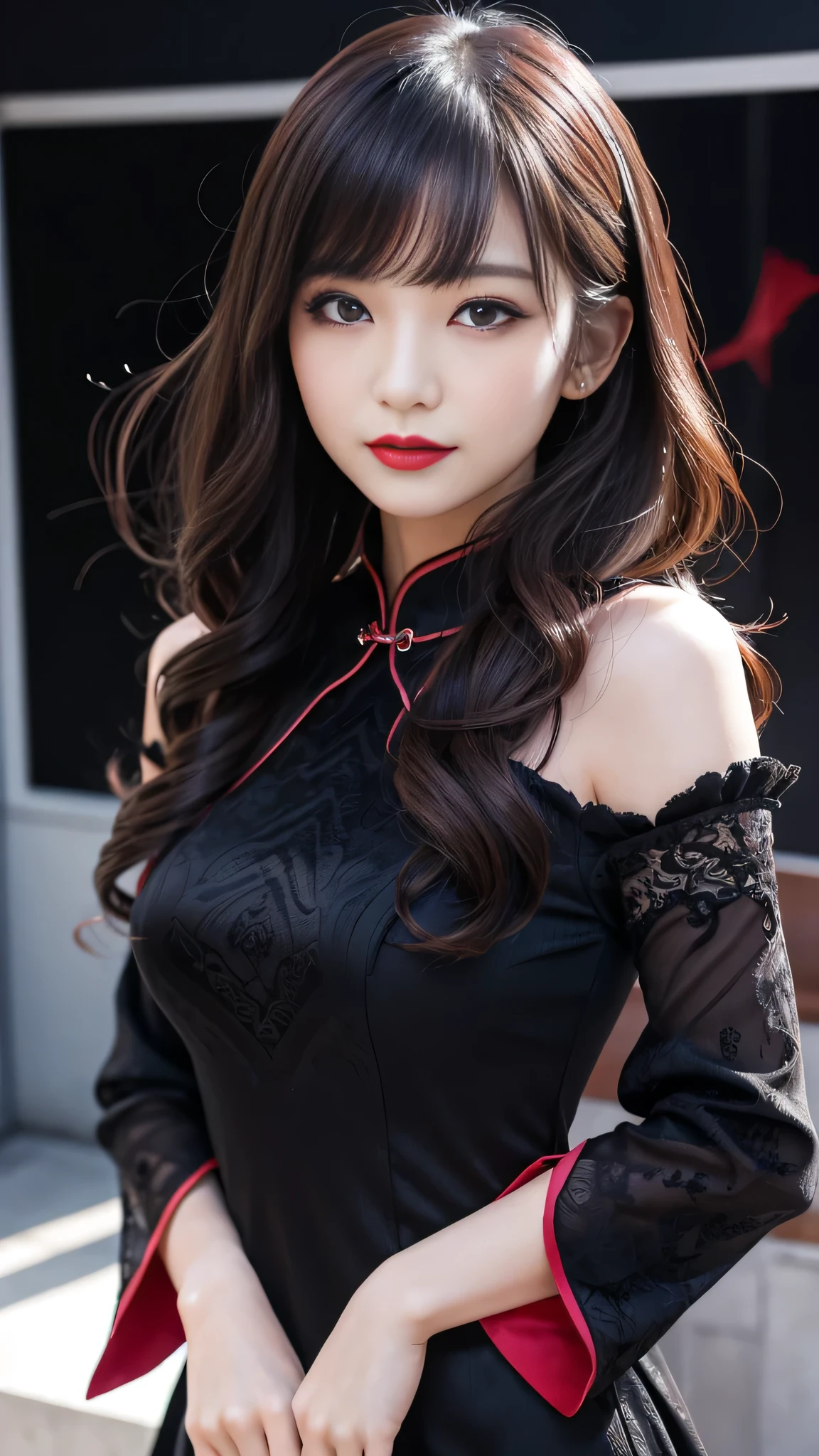 Super detailed、Japanese、charming beauty、seductive adult woman、Beautiful woman、sharp eyes、cool girl、wavy hair、flowing bangs、long black cheongsam、wide sleeve、evilの幹部、evil depravity、brainwashing、Mind control、apply lipstick、grin、evilな表情、evil、empty eyes、evil、stage、vampire、vampire、Hypnosia makeup brush