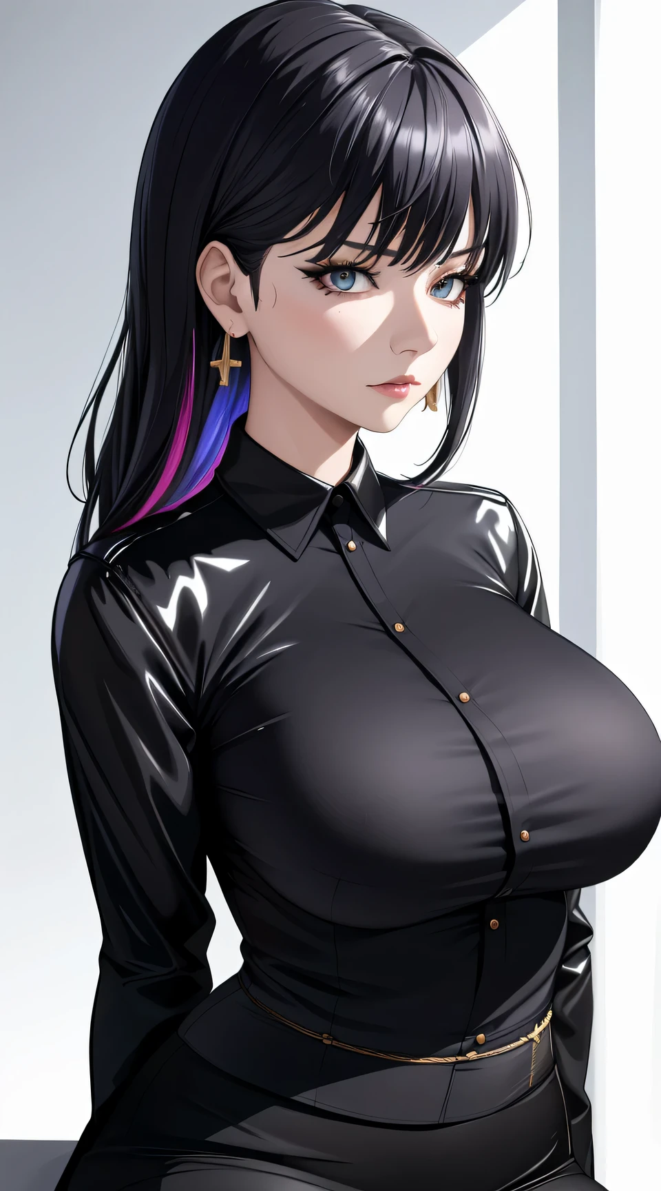 (best quality:1.5, highres, UHD, 4K, detailed lighting, shaders), black floral haired, gradient hair, large breasts, suit, black shirt, black social shirt, black short skirt, mature woman , (pov), white background, colorful eyeshadow, dramatic lighting, sparkling eyes, sensual expression, golden earrings, flowing hair, delicate facial features, soft skinned, high cheekbones, urban setting, white background, dont look for the camera, lean forward,