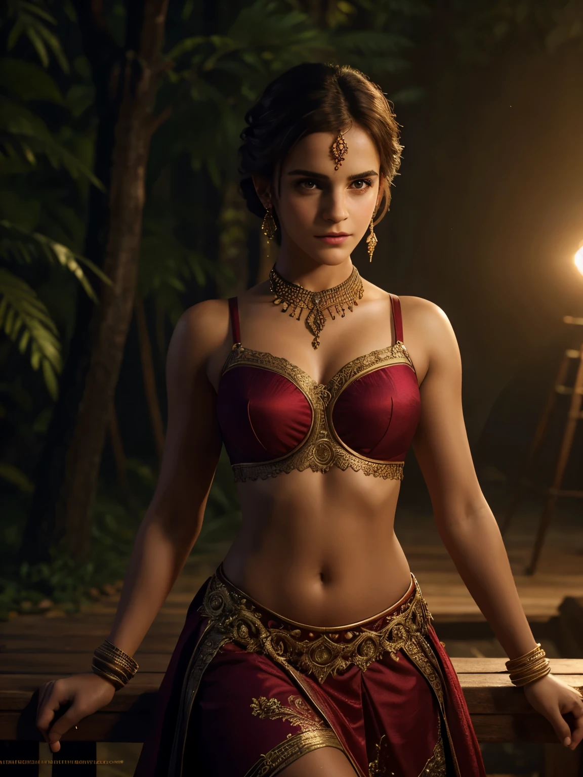 intricate detailing, excellent CGI, HDR, exact proportions, accurate detailing, insane detailing, high level detailing, impressive detailing, precise detailing, spellbinding detailing, extremely complicated detailing, perfection to the core, superb lighting, beautiful lighting, intricate lighting, insane lighting, movie lighting, filmy lighting, dramatic lighting, cinematic lighting, digital lighting, expensive lighting, rim lighting, vibrant and rich colors, very complex background, ultra realistic, hyper realistic,
18 year old Emma Watson as a Tamil girl, (bare midriff, round deep navel, 36D), wearing night dress, frightened smile expressions, inside a dark forest at night, jaw-dropping beauty, heavenly beauty, mind blowing beauty, expressive eyes, eyes symmetry, face symmetry 