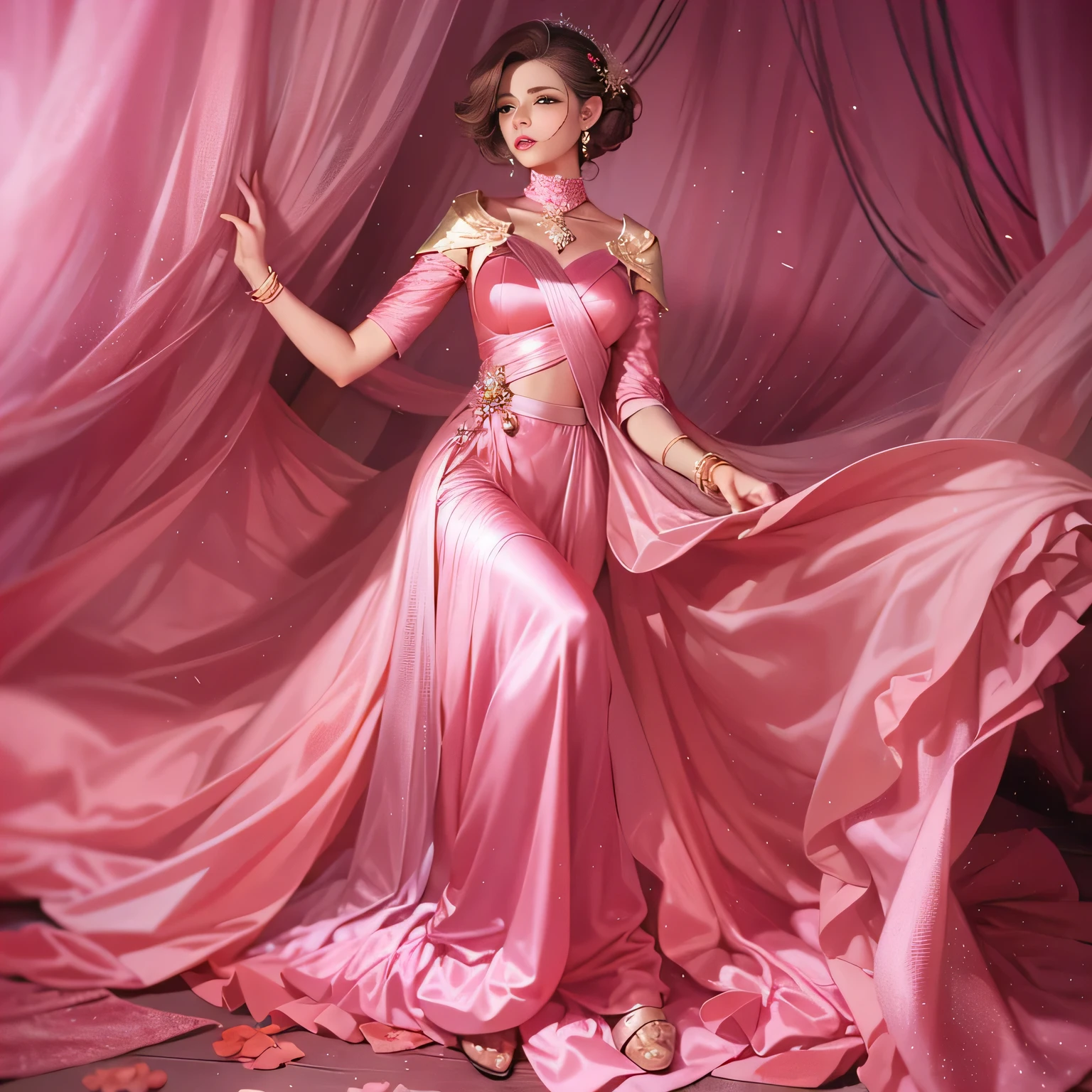 Beautiful woman in vey long translucent pink satin dress