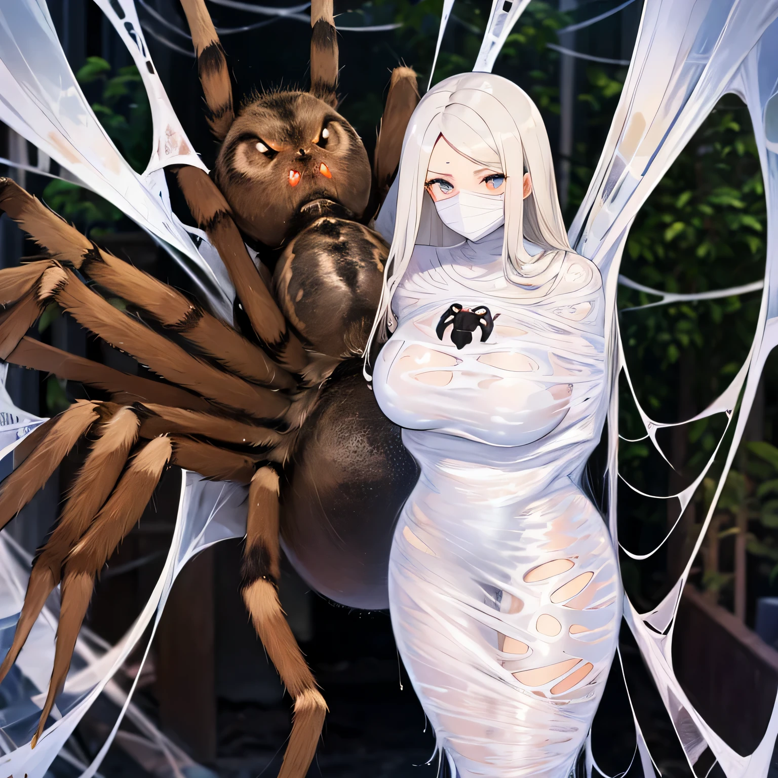 a girl entangled in the spider web, struggle, detailed classroom, (cocoon:1.3), spider web, hanging, spider in the web, spider