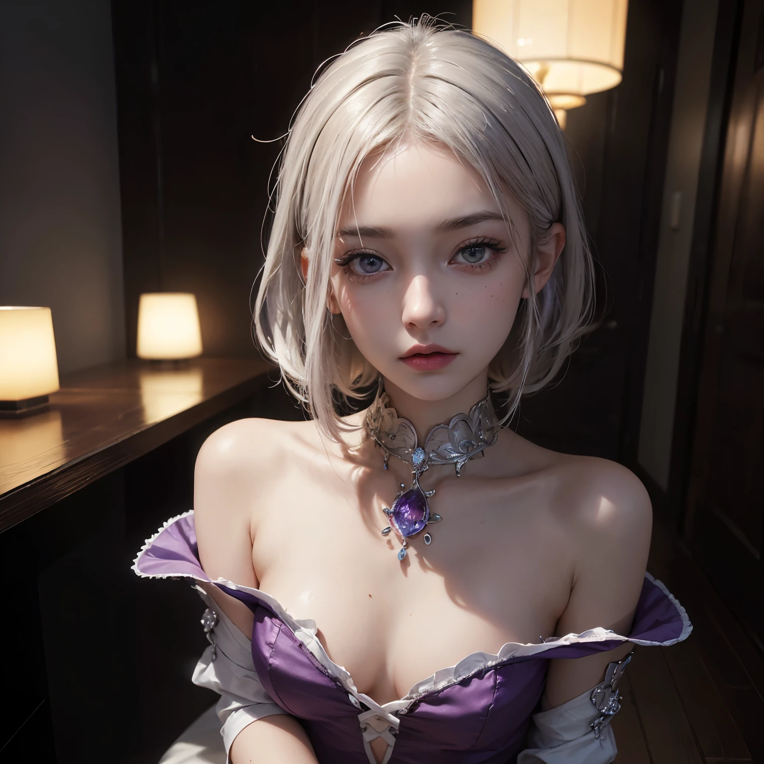 top-quality masterpiece, (A high resolution: 1.5) photorealistic image of a with platinum hair and a sad facial expression. Her skin has a unique glowy quality, and the details are super realistic. The portrait employs global illumination and octane render, showing an 8K ultra-sharp image of her intricately detailed features. Her eyes radiate a purplish hue, adding an alluring touch to her otherwise melancholic expression. She faces the camera directly, and the setting includes neon details such as a small LED lamp and purple neon lighting, creating an otherworldly atmosphere. She is sitting on a