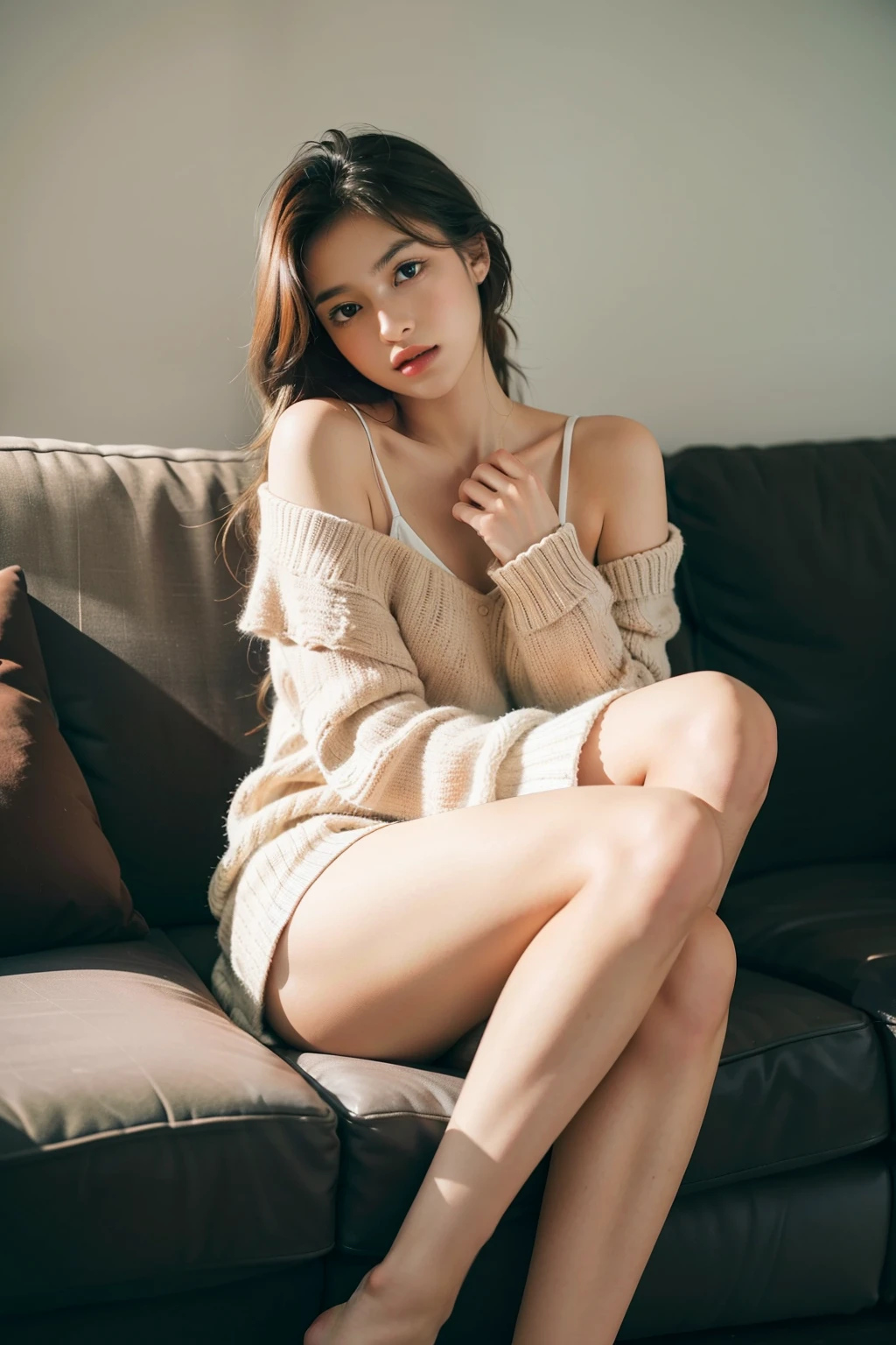 1 girl,sitting on a cozy sofa,cross your legs,soft light