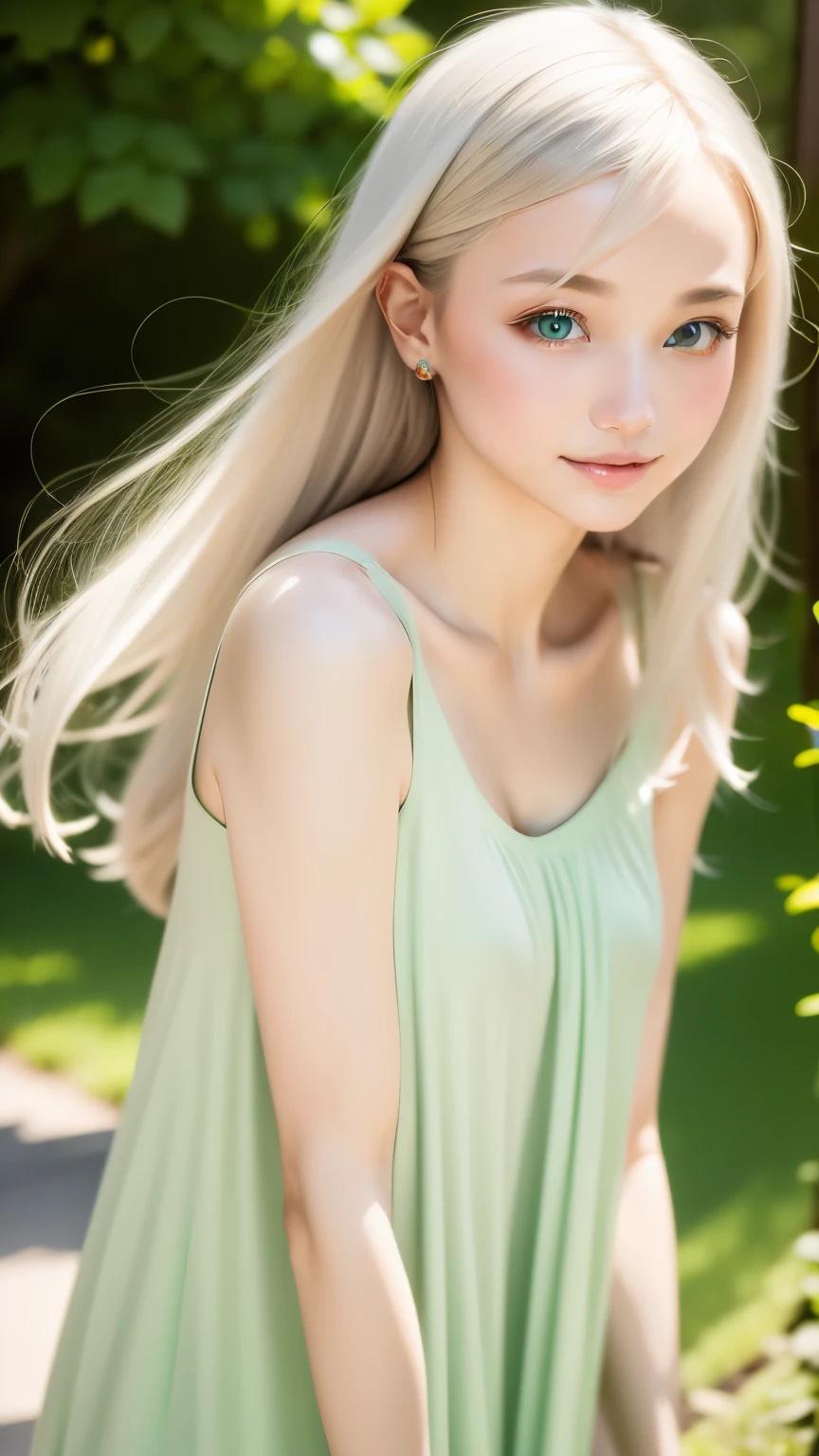 Cute 18 year old woman in Europe、Xiao Chai、(((adult charm)))、(((attractive light green eyes)))、natural look、Attractive silver hair、beautiful eyes、(((perfect beauty)))、Silky ash blonde、slender body、attractive breasts、smooth lips、thin eyebrows、straight hair、Attractive and beautiful dresses、Natural light、(((No makeup)))、cute pose、earrings、blurred background、outdoors、(((Expression of complex beauty)))、50mm lens、Photographed by a professional photographer、Portrait、pull photo