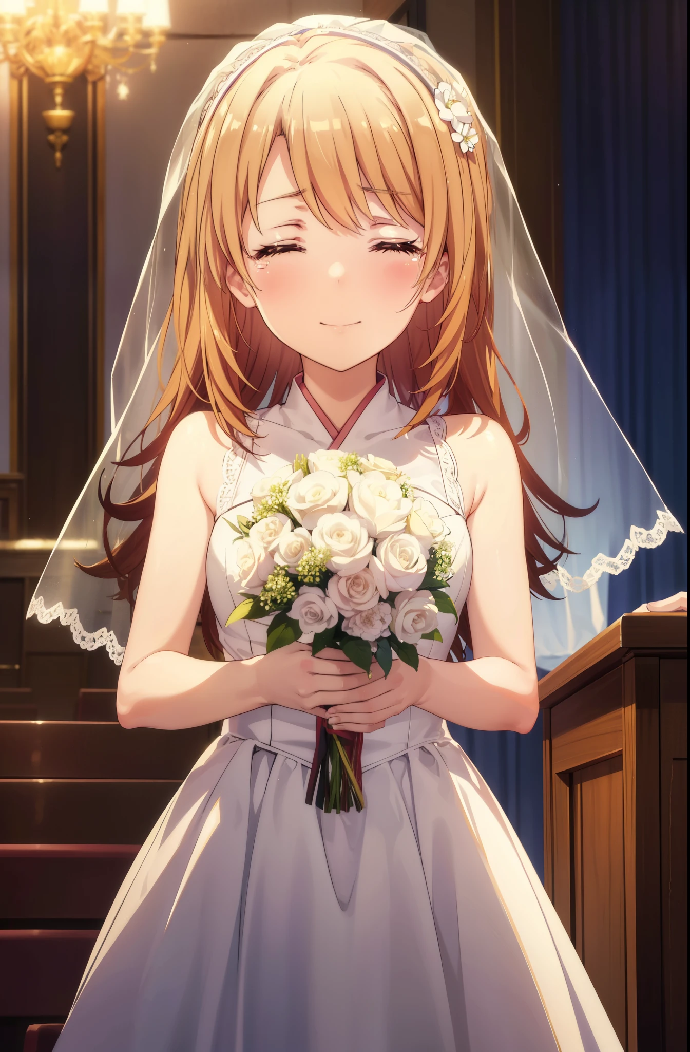 irohaisshiki, iroha isshiki, long hair, brown hair, open your mouth,smile,happy atmosphere,Close both eyes and cry,tears run down her face,tears of joy,blush,smile, Wedding dress,veil,Wedding Skirts,bouquet,bouquetトス,Holding a big bouquet in both hands,happy atmosphere,Hanabubuki,wedding style break indoors, chapel, church,
break (masterpiece:1.2), highest quality, High resolution, unity 8k wallpaper, (shape:0.8), (highly detailed face, perfect lighting, Very detailed CG, (perfect hands, perfect anatomy),