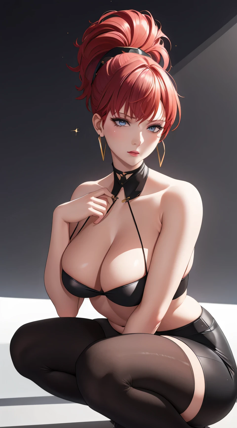 (best quality:1.5, highres, UHD, 4K, detailed lighting, shaders), redhead afro haired, gradient hair, large breasts, suit, black shirt, black social shirt, black short skirt, mature woman , (pov), white background, colorful eyeshadow, dramatic lighting, sparkling eyes, sensual expression, golden earrings, flowing hair, delicate facial features, soft skinned, high cheekbones, urban setting, white background, dont look for the camera, lean forward, squatting, open legs 