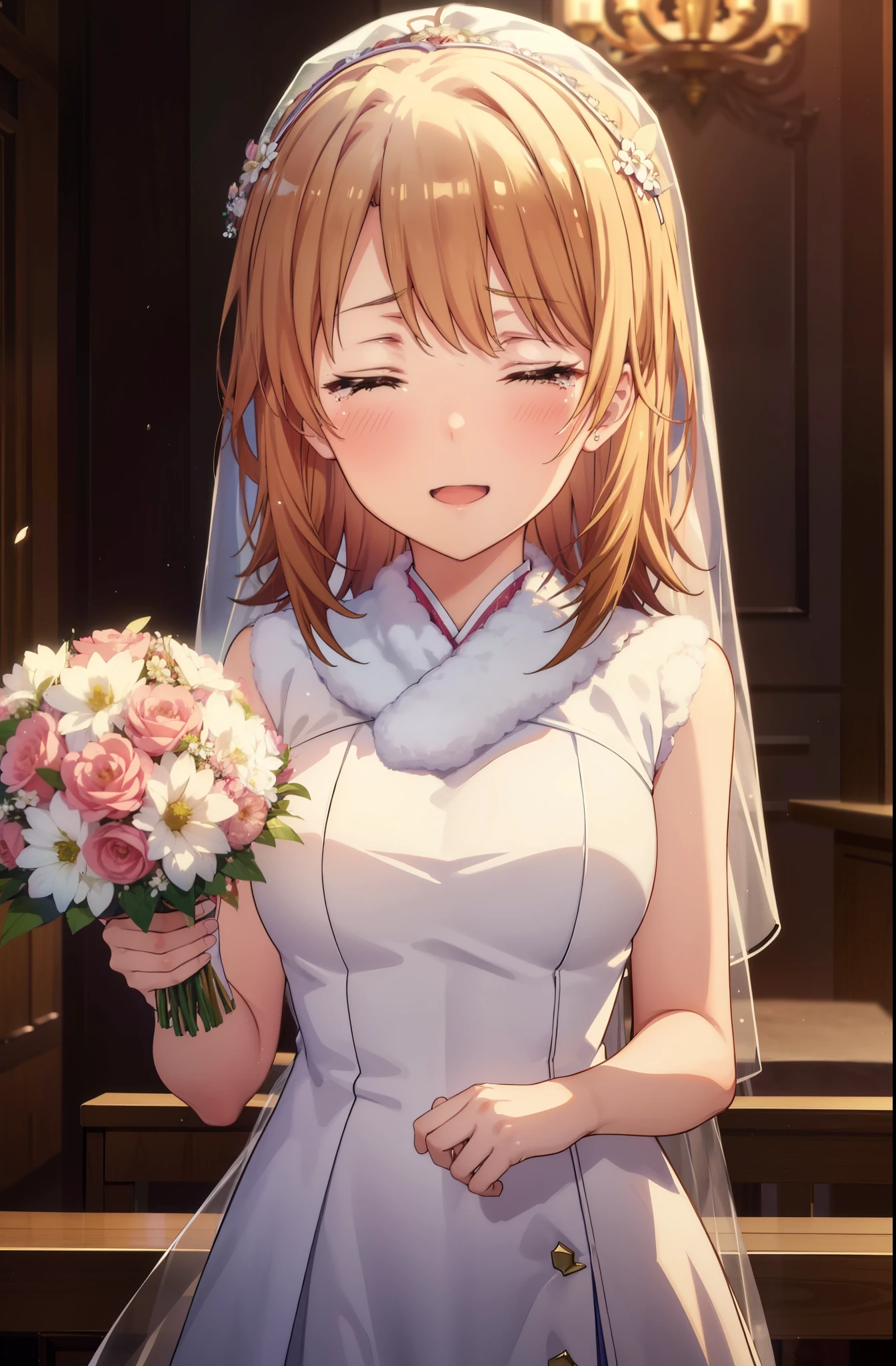 irohaisshiki, iroha isshiki, long hair, brown hair, open your mouth,smile,happy atmosphere,Close both eyes and cry,tears run down her face,tears of joy,blush,smile, Wedding dress,veil,Wedding Skirts,bouquet,bouquetトス,Holding a big bouquet in both hands,happy atmosphere,Hanabubuki,wedding style break indoors, chapel, church,
break (masterpiece:1.2), highest quality, High resolution, unity 8k wallpaper, (shape:0.8), (highly detailed face, perfect lighting, Very detailed CG, (perfect hands, perfect anatomy),