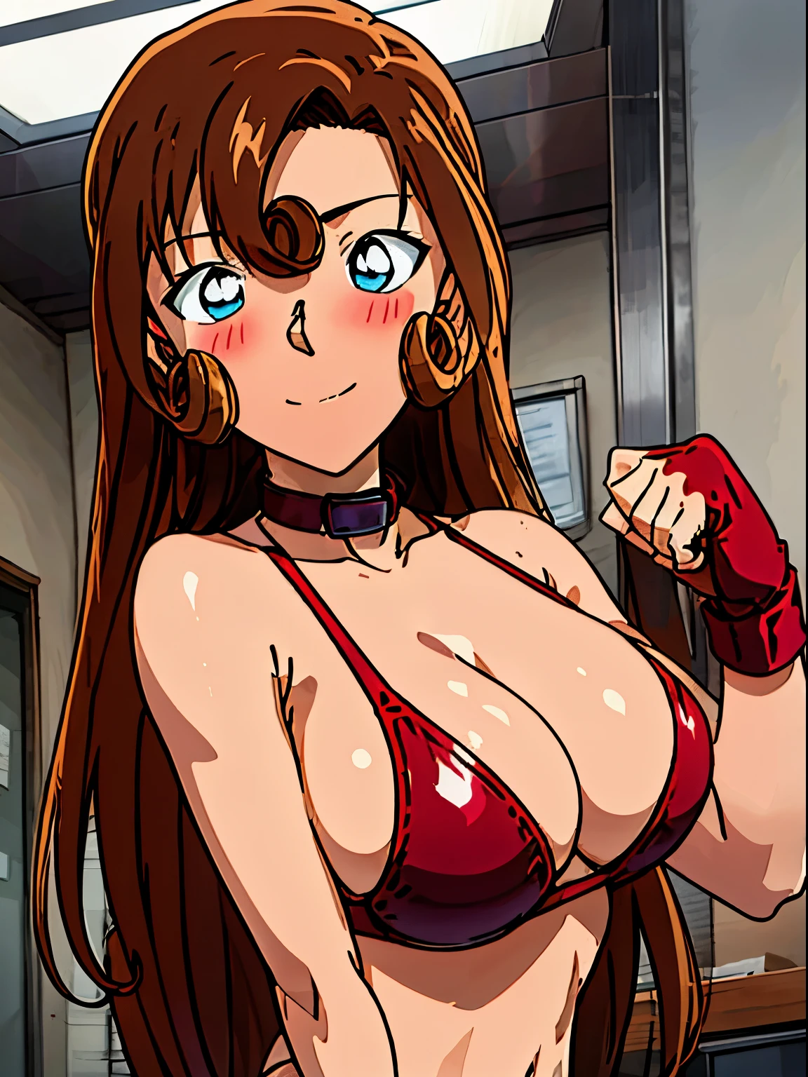 front view, cowboy shot, ultra detailed face, best quality, anime style, hires, highest definition, digital blending, bold drawing lines, ((weak body, female wrestler), (slender body), mature woman, milf, (wrestling gear, collar band), victorious, gorgeous, winner, not blushing, confident face, (closed mouth), (pale skin, shiny skin, lighting and shadow), (cleavage), (clean face), (warming up), closed fists, (brown, curly hair, long hair, curly bangs), 37 years old,