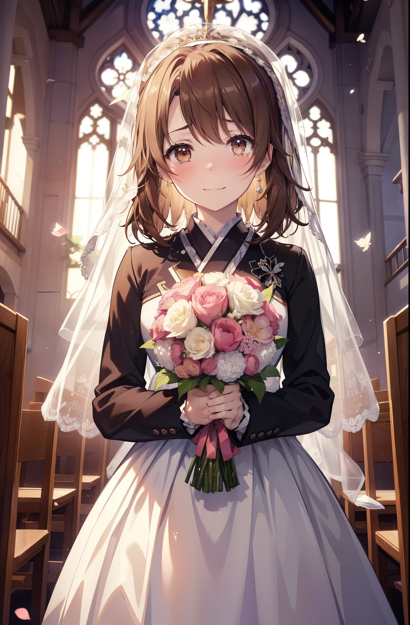 irohaisshiki, iroha isshiki, long hair, brown hair,  open your mouth,smile,happy atmosphere,Close both eyes and cry,tears run down her face,tears of joy,blush,smile, Wedding dress,veil,Wedding Skirts,bouquet,bouquetトス,Holding a big bouquet in both hands,happy atmosphere,Hanabubuki,wedding style　　　　　　　　　　　　　　　　　　　　break indoors, chapel, church,
break (masterpiece:1.2), highest quality, High resolution, unity 8k wallpaper, (shape:0.8), (highly detailed face, perfect lighting, Very detailed CG, (perfect hands, perfect anatomy),