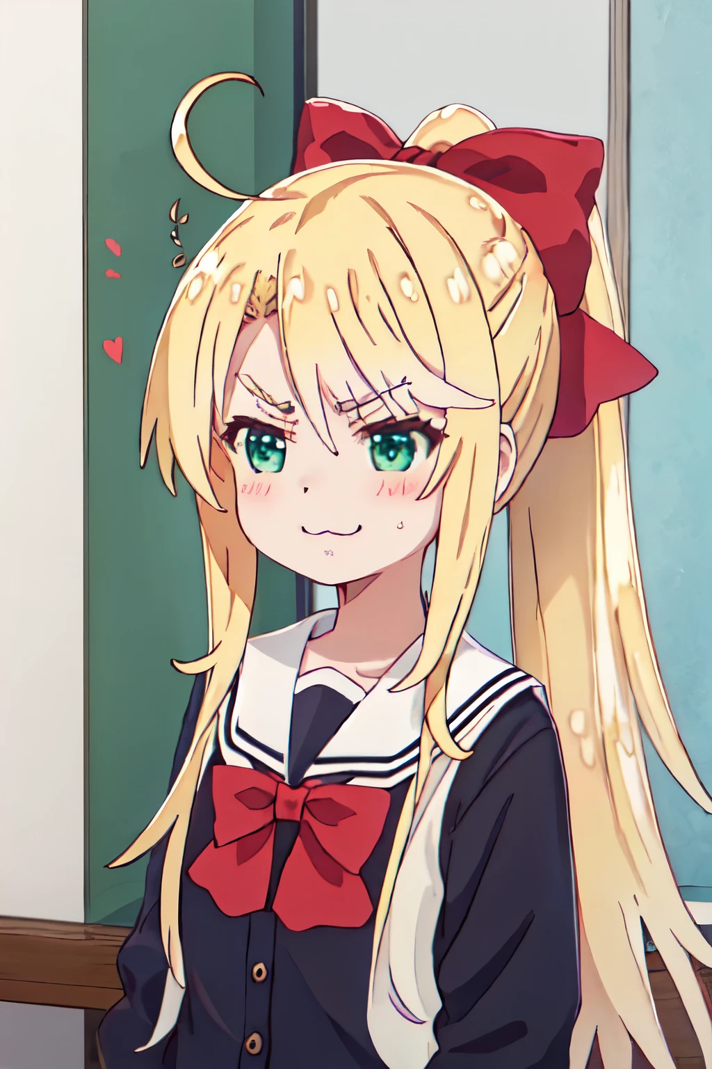highest quality, masterpiece, High resolution, 一人in, {usually_himesaka_winashinitenshigamaiorita:1.15}, blonde_hair, red面, length_hair, 前hair, :3, bow, green_eye, closed_mouth, hair_bow, red_bow, smile, Ahoge, thick_Eyebrow, ponytail, 2girl, multiple_girl, crew_collar, School_uniform, serafuku, 一人in_concentrated, upper_body, cardigan, looking for_in_another, neckerchief, shirt,angry face