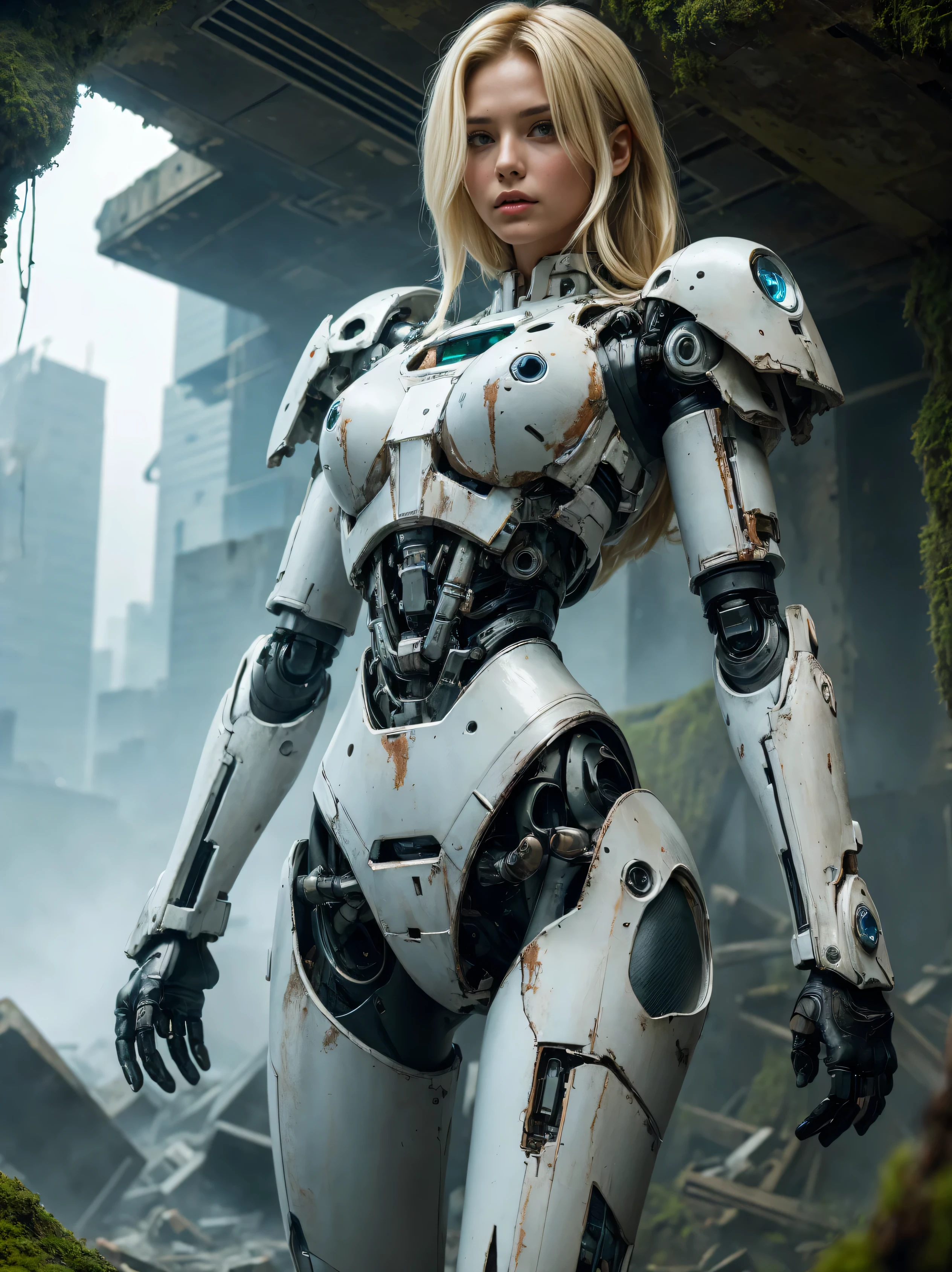 ((masterpiece, highest quality, Highest image quality, High resolution, photorealistic, Raw photo, 8K)), Abandoned robot soldier on battlefield, broken and immobile, rust and moss showing passage of time, female cyborg body, Blonde, female body, biomechanical , extra detailed body, blowjob white mech, white biomechanical details, detailed body, shiny white armor, cybernetic body, eva unit-00 on back, full body details, destroyed city in the background