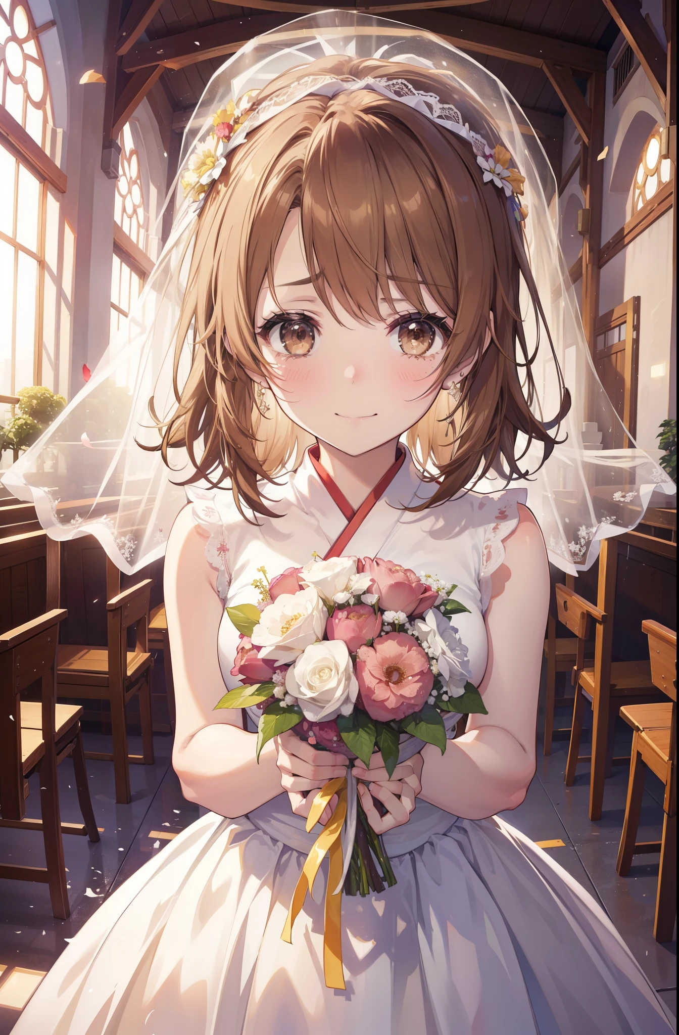 irohaisshiki, iroha isshiki, long hair, light brown hair,  open your mouth,smile,happy atmosphere,Close both eyes and cry,tears run down her face,tears of joy,blush,smile, Wedding dress,veil,Wedding Skirts,bouquet,bouquetトス,Holding a big bouquet in both hands,happy atmosphere,Hanabubuki,wedding style　　　　　　　　　　　　　　　　　　　　break indoors, chapel, church,
break (masterpiece:1.2), highest quality, High resolution, unity 8k wallpaper, (shape:0.8), (highly detailed face, perfect lighting, Very detailed CG, (perfect hands, perfect anatomy),