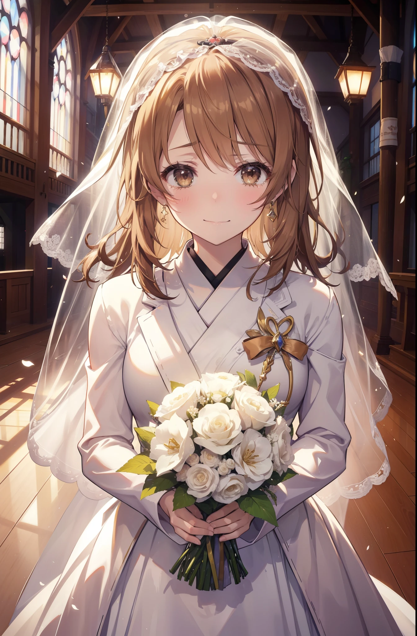 irohaisshiki, iroha isshiki, long hair, light brown hair,  open your mouth,smile,happy atmosphere,Close both eyes and cry,tears run down her face,tears of joy,blush,smile, Wedding dress,veil,Wedding Skirts,bouquet,bouquetトス,Holding a big bouquet in both hands,happy atmosphere,Hanabubuki,wedding style　　　　　　　　　　　　　　　　　　　　break indoors, chapel, church,
break (masterpiece:1.2), highest quality, High resolution, unity 8k wallpaper, (shape:0.8), (highly detailed face, perfect lighting, Very detailed CG, (perfect hands, perfect anatomy),