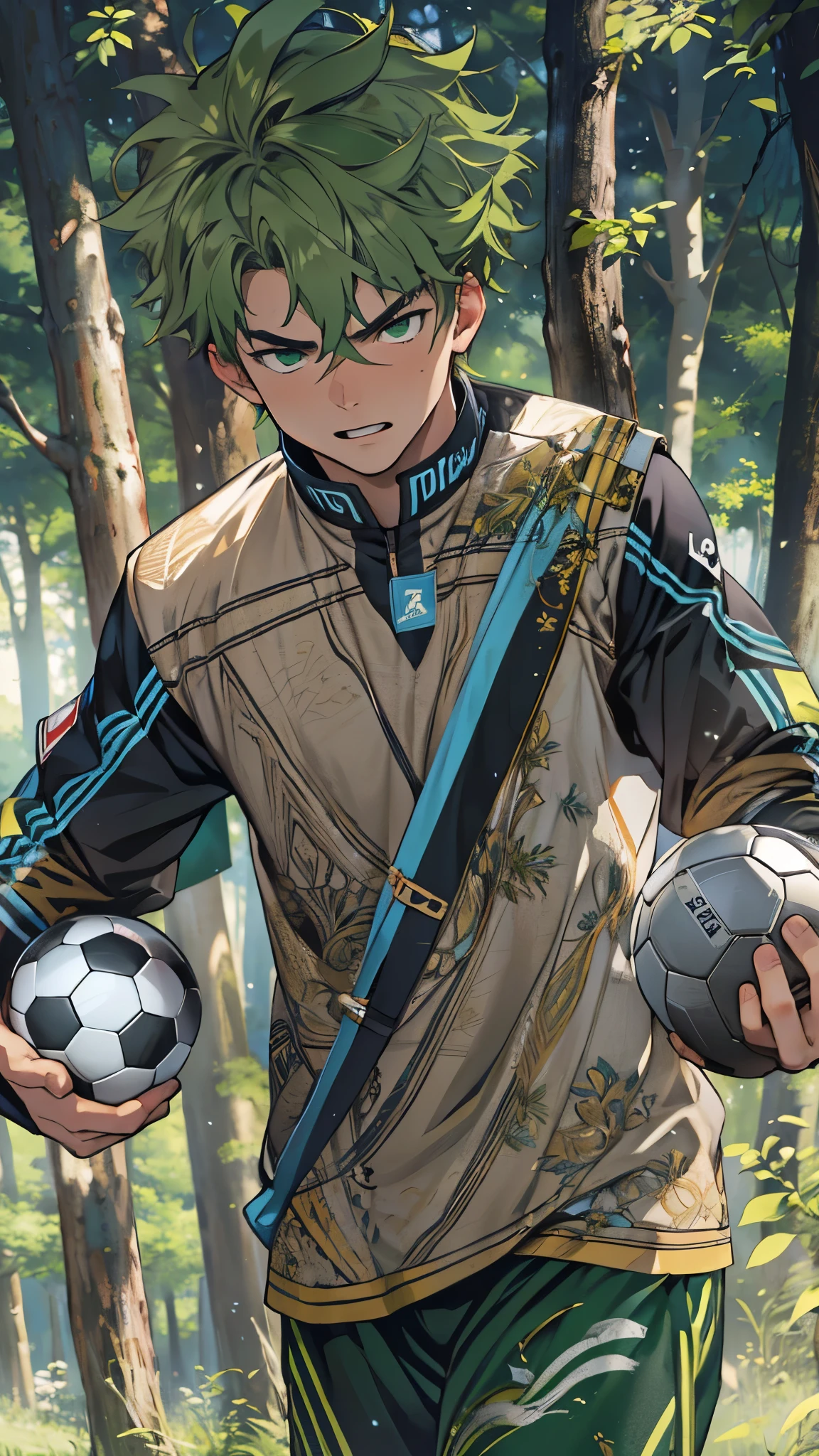 (best quality,4k,8k,highres,masterpiece:1.2), ultra-detailed, 1boy, masculino, soccer uniform, green eyes, inside the forest, furious face, forest